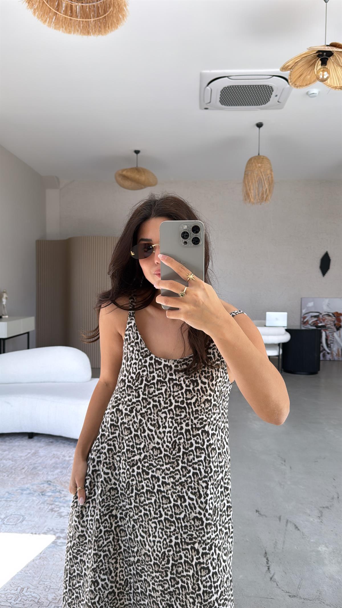 Leopar Yıkamalı Keten Maxi Elbise