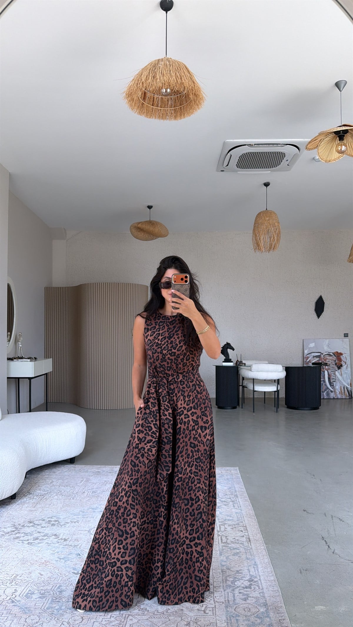 Leoparlı Bol Paça Kuşaklı Tulum