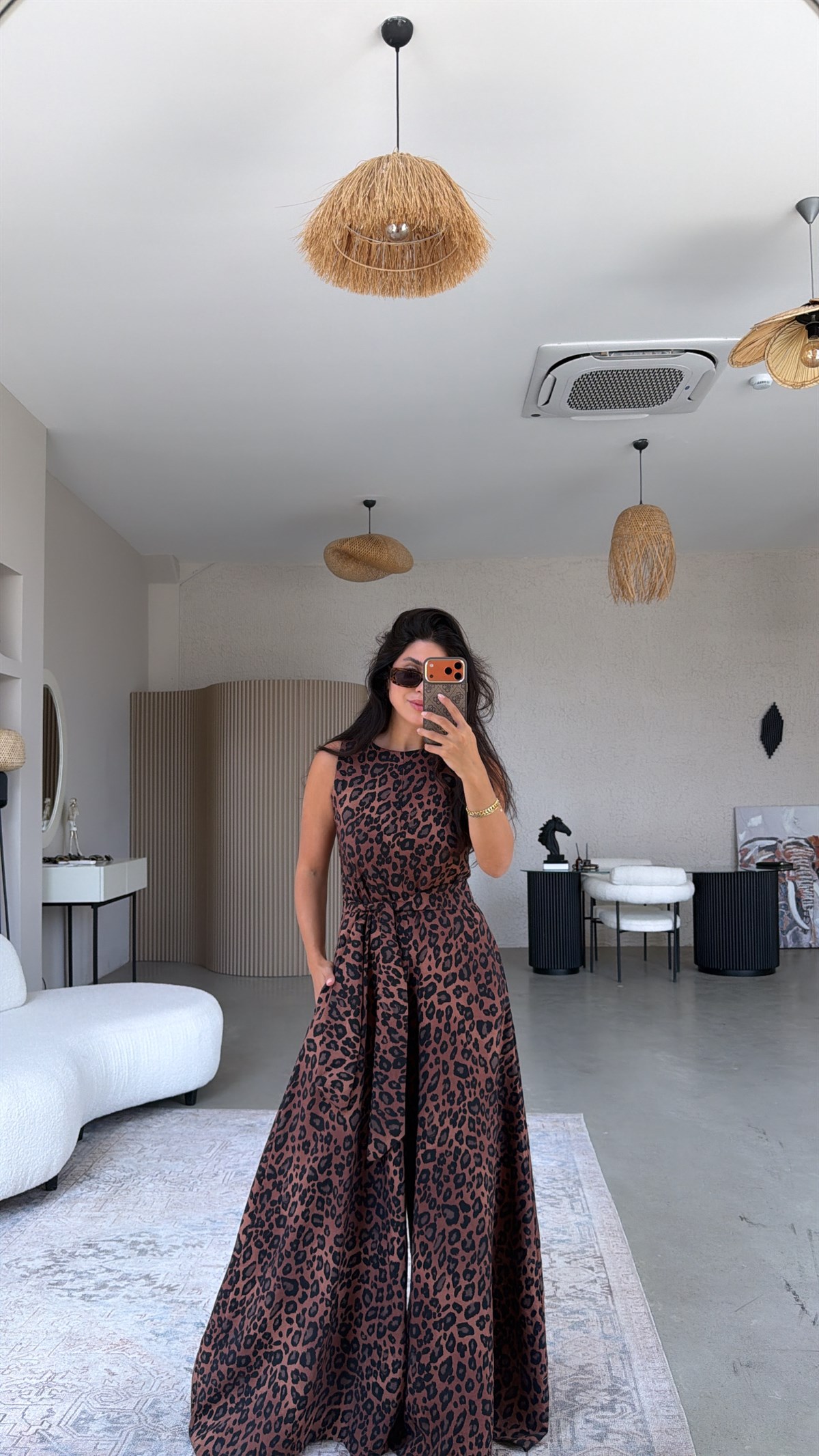Leoparlı Bol Paça Kuşaklı Tulum