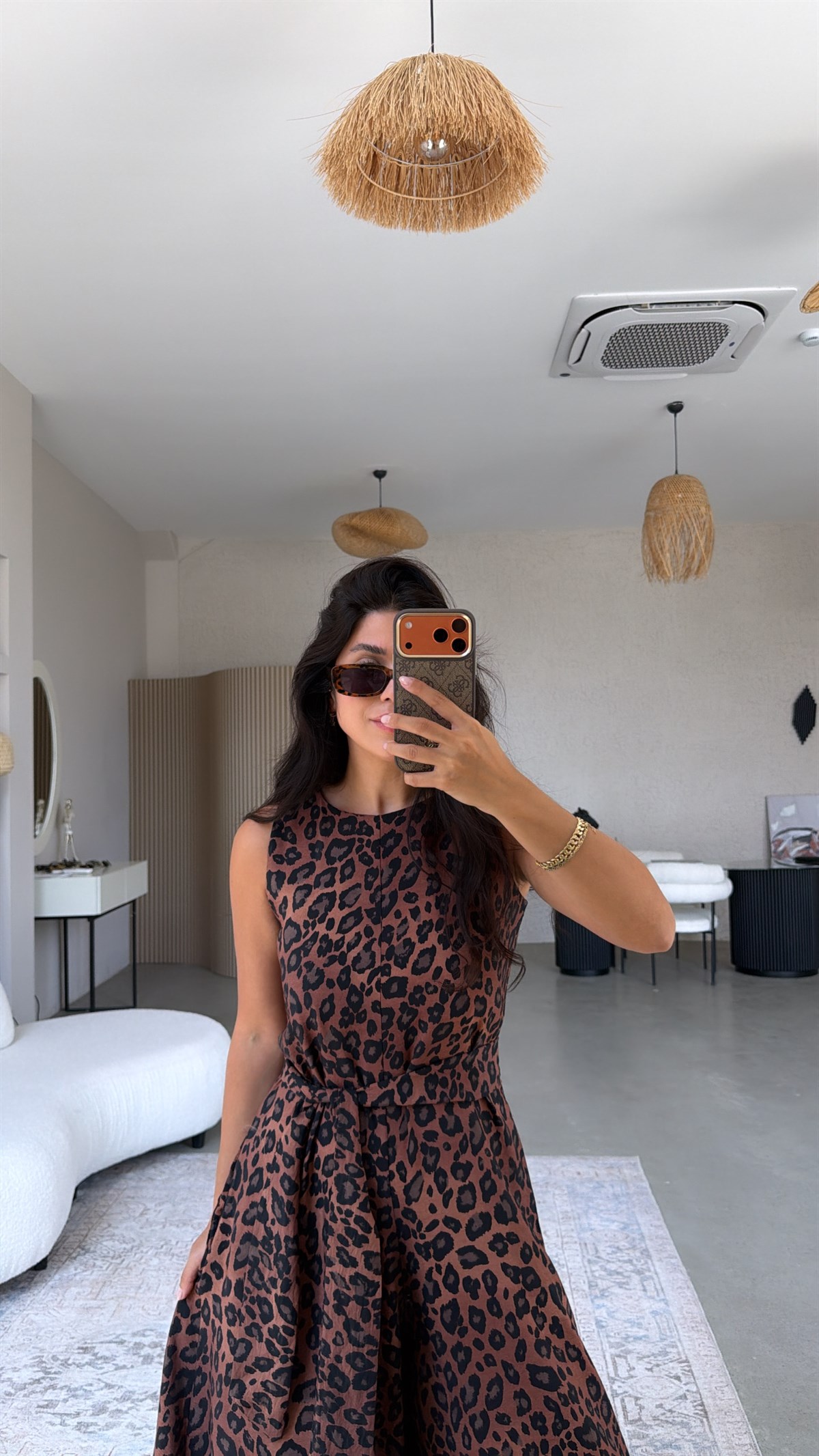 Leoparlı Bol Paça Kuşaklı Tulum