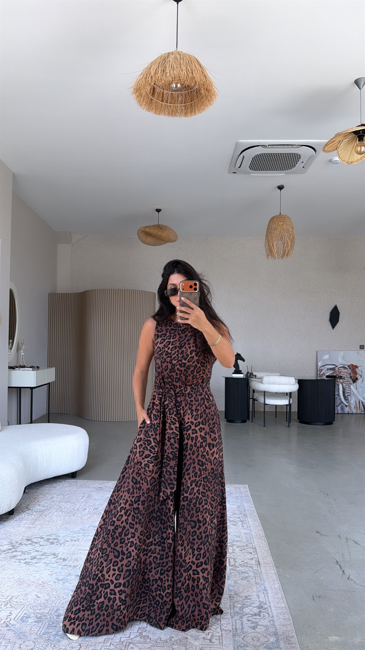 Leoparlı Bol Paça Kuşaklı Tulum