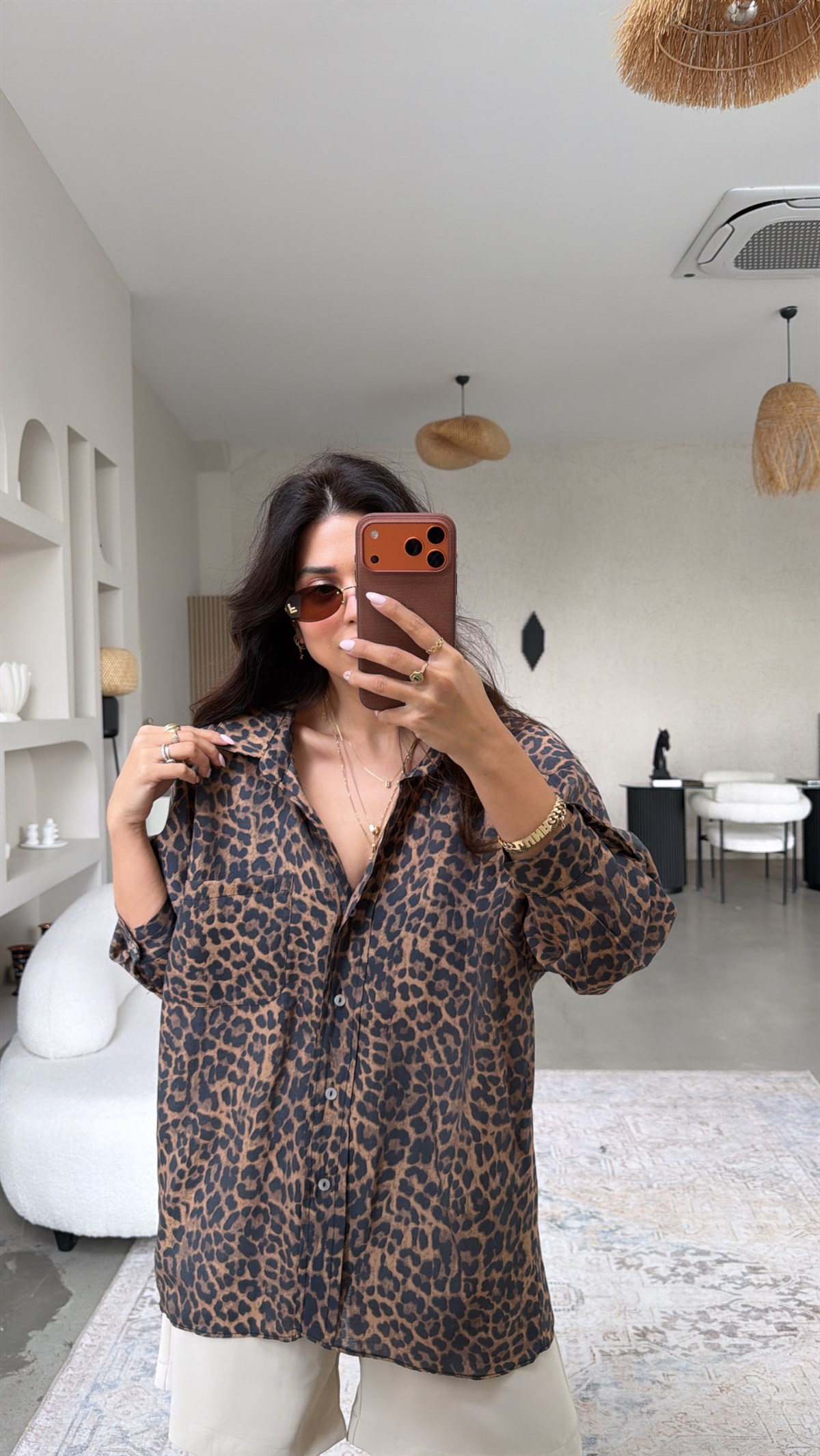 Leoparlı Tensel İpek Gömlek