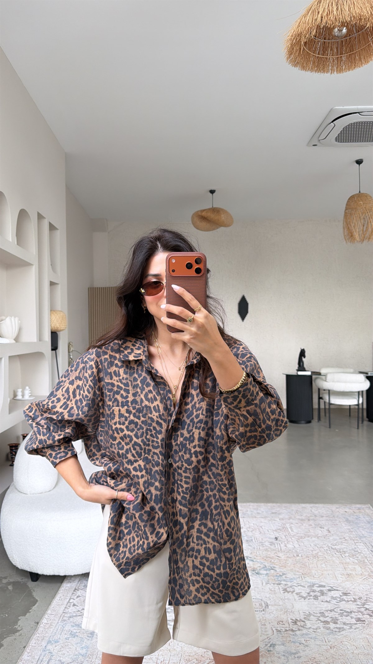 Leoparlı Tensel İpek Gömlek