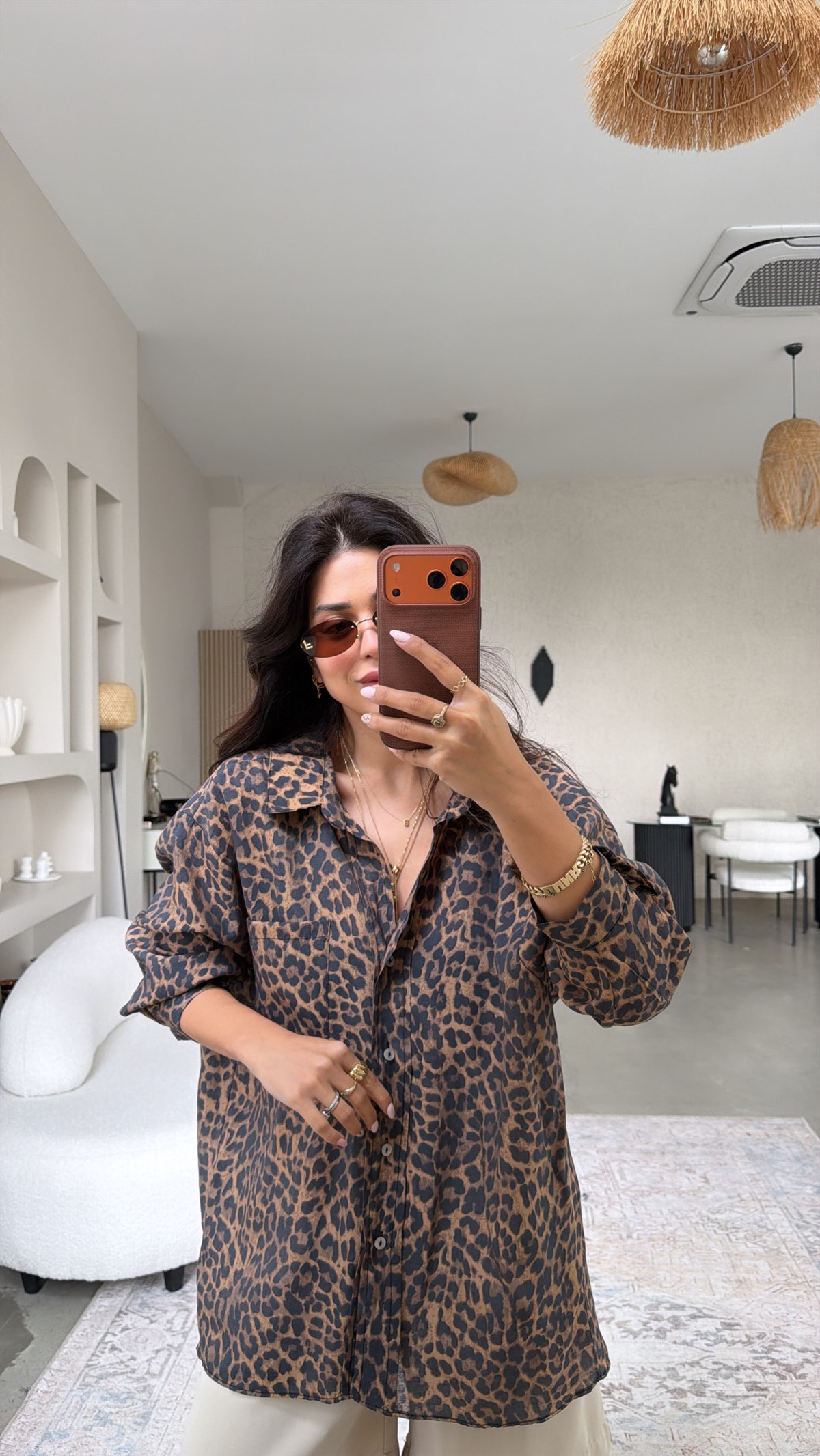 Leoparlı Tensel İpek Gömlek