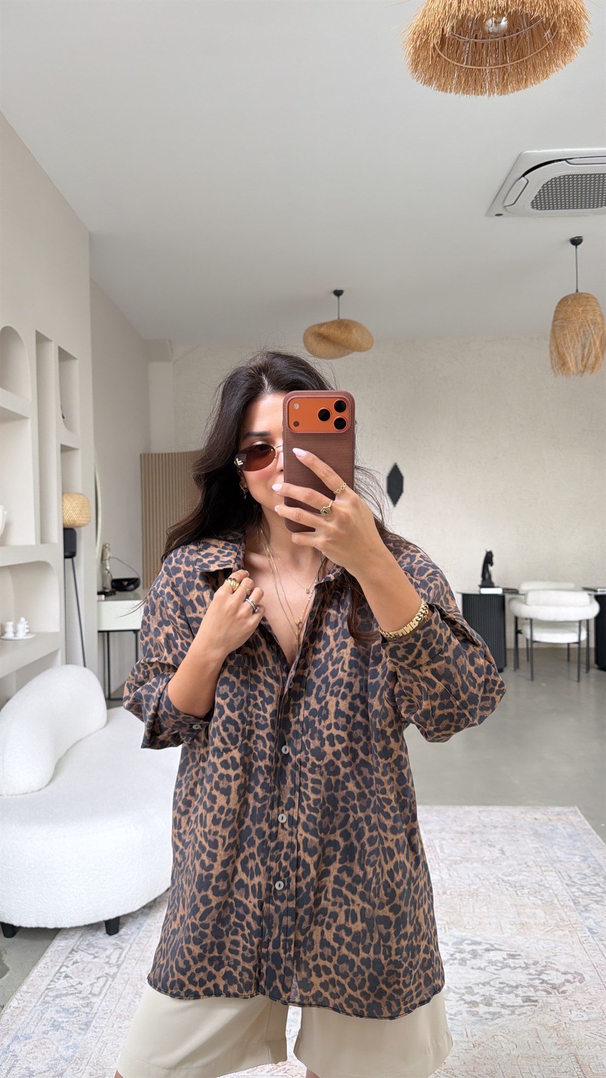 Leoparlı Tensel İpek Gömlek