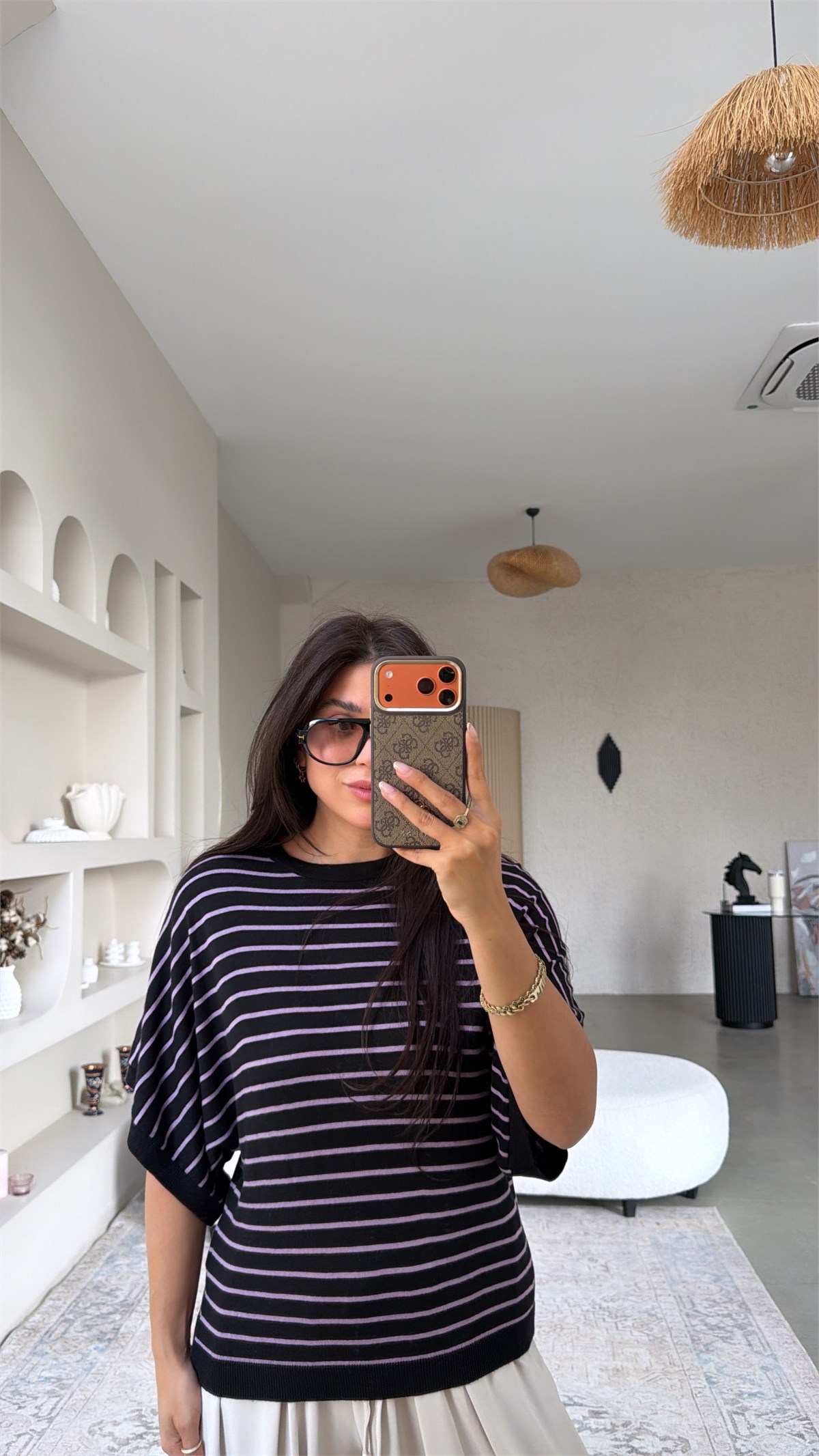 Lila Çizgili Yarasa Kol Triko Bluz