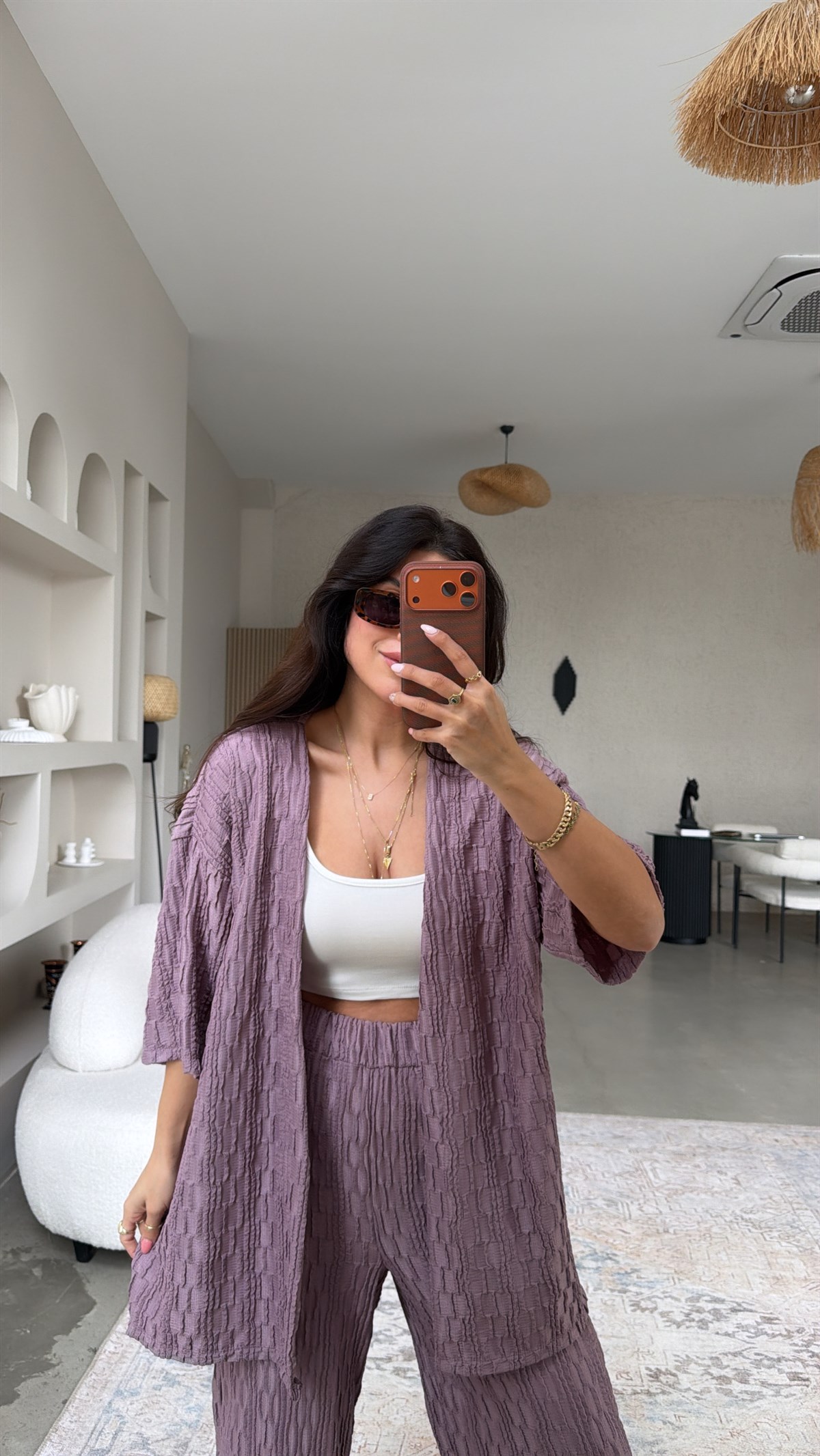 Lila Dokulu Ceketli Takım