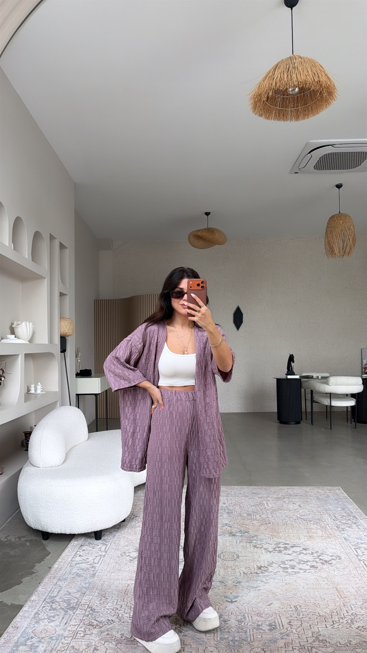 Lila Dokulu Ceketli Takım