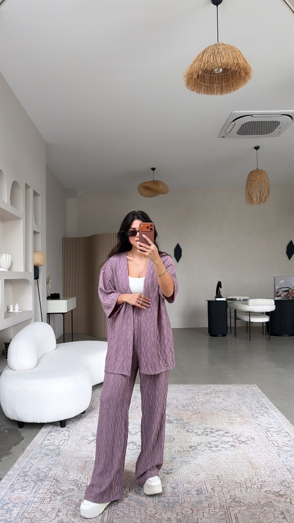 Lila Dokulu Ceketli Takım