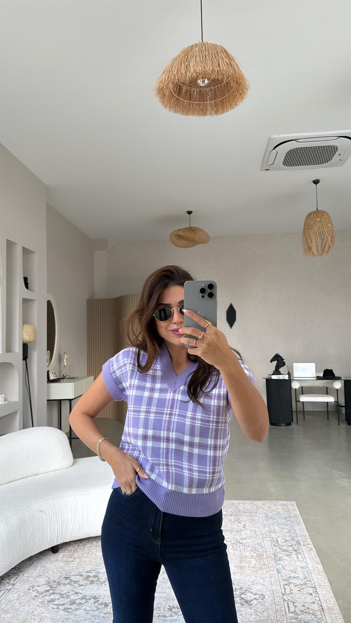 Lila Kare Desenli Triko Bluz