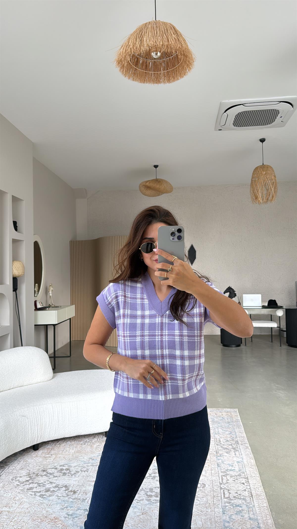 Lila Kare Desenli Triko Bluz