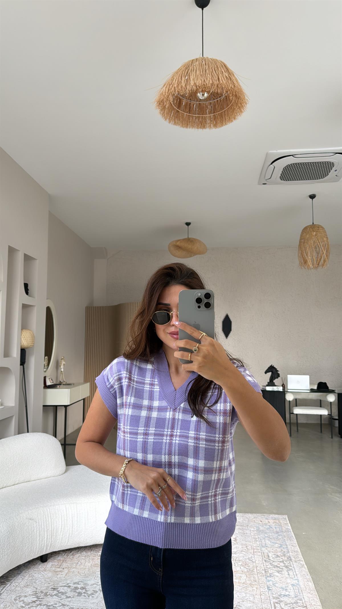 Lila Kare Desenli Triko Bluz