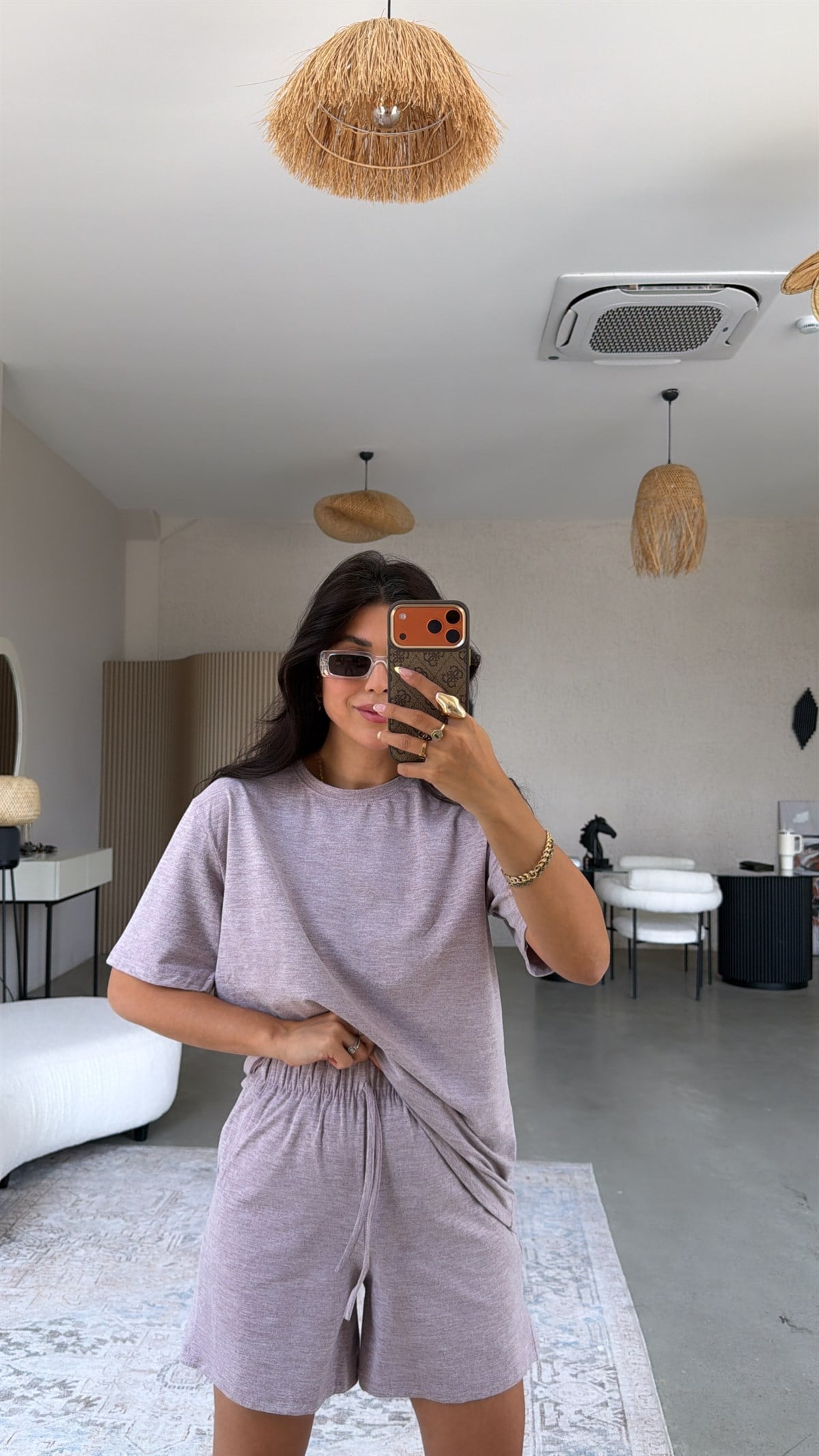 Lila Kırçıllı Rahat Kumaş Şort Tshirt Takım