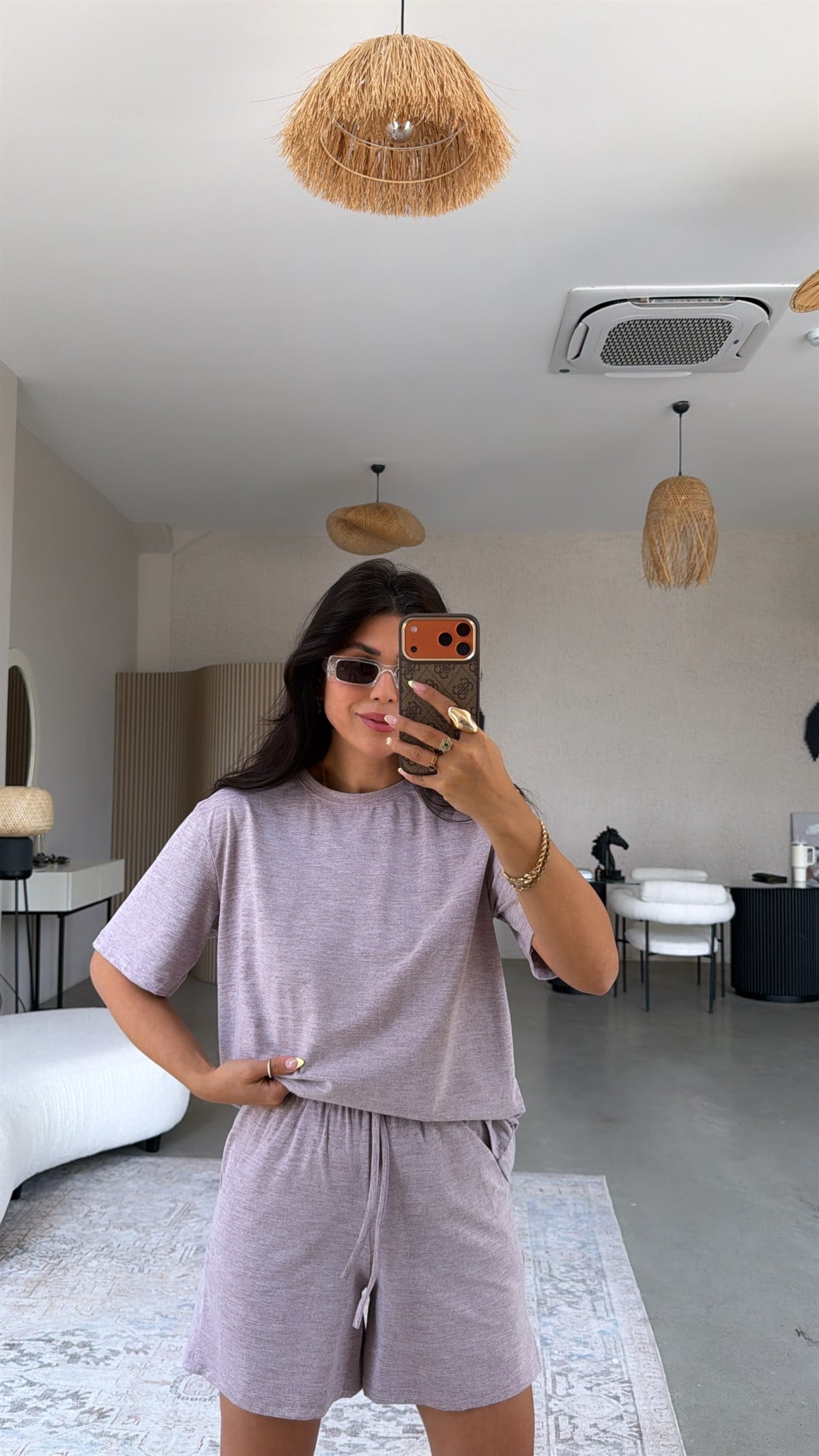Lila Kırçıllı Rahat Kumaş Şort Tshirt Takım