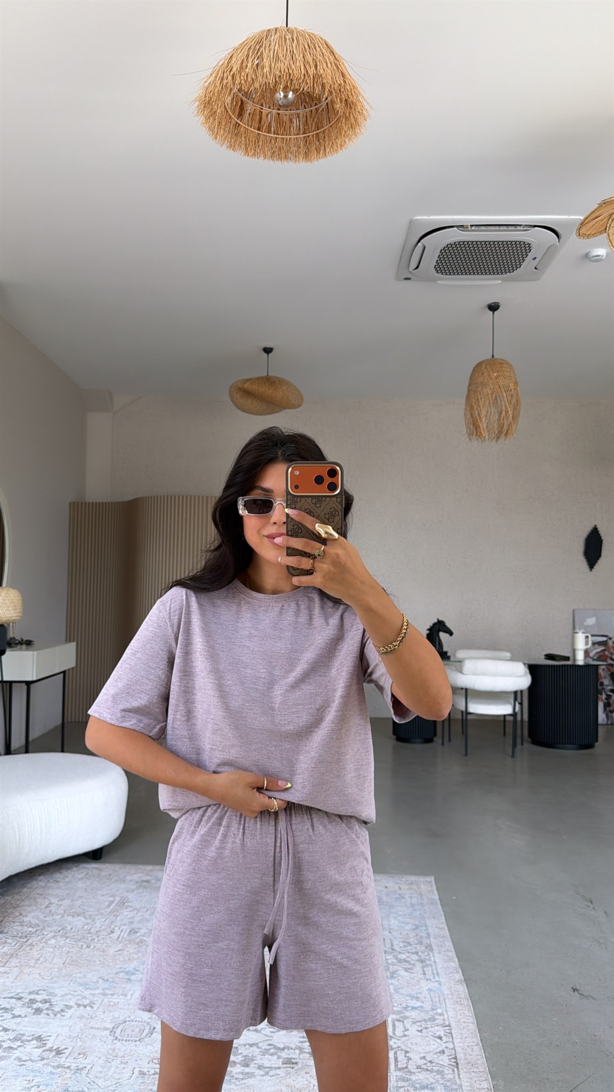 Lila Kırçıllı Rahat Kumaş Şort Tshirt Takım