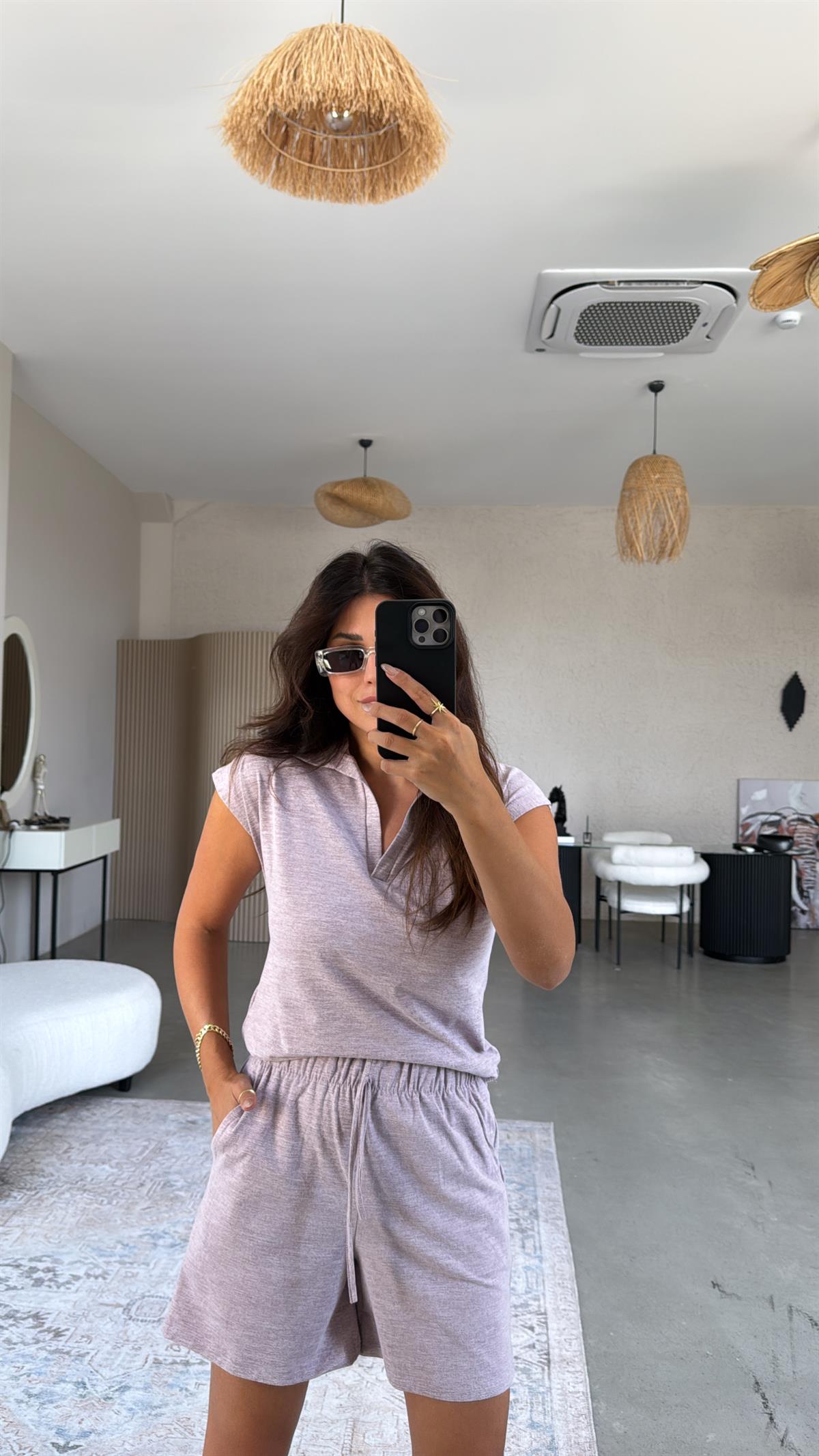 Lila Şortlu Polo Yaka Tshirt Takım