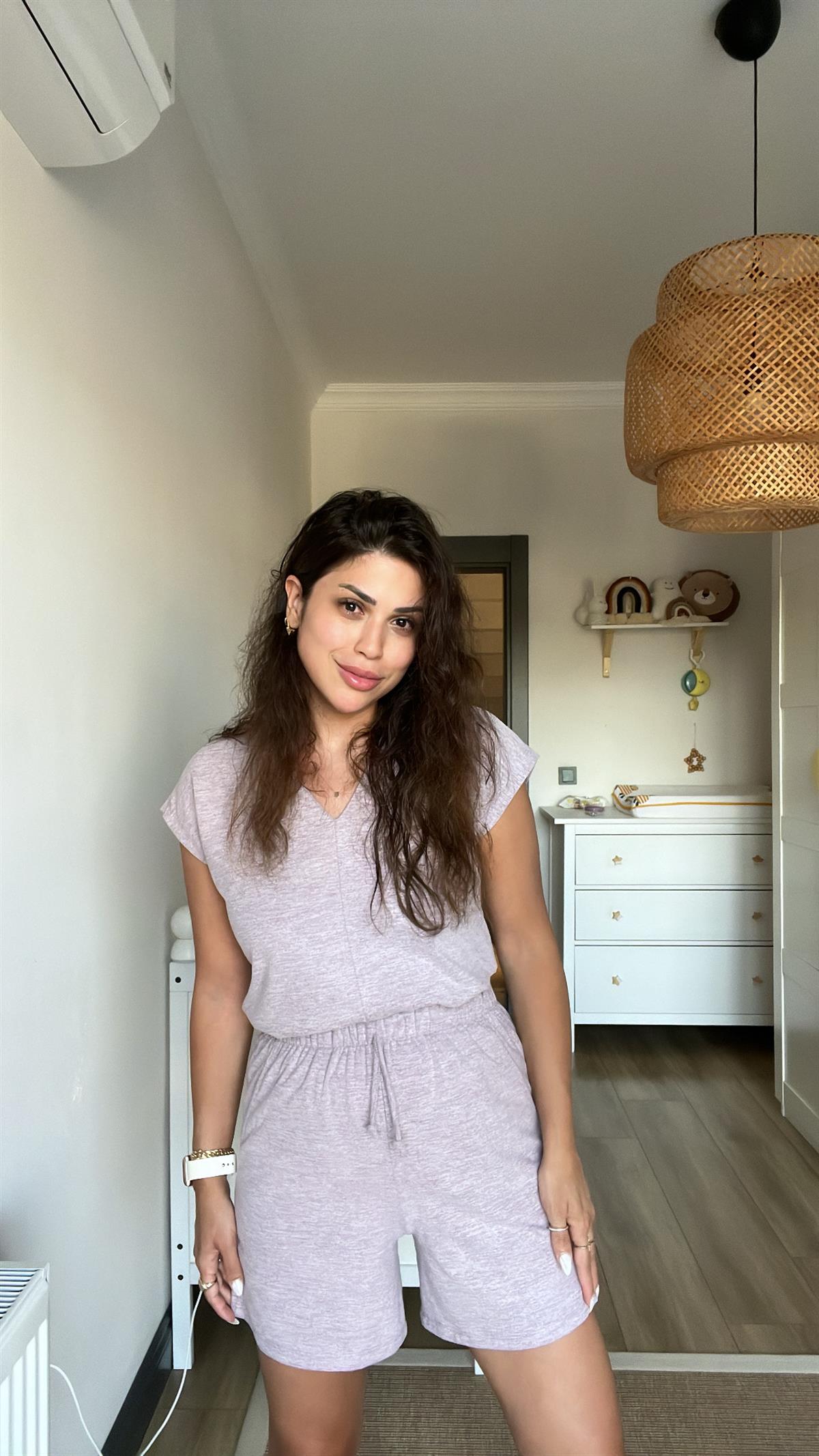 Lila V Yaka Şort Bluz Takım