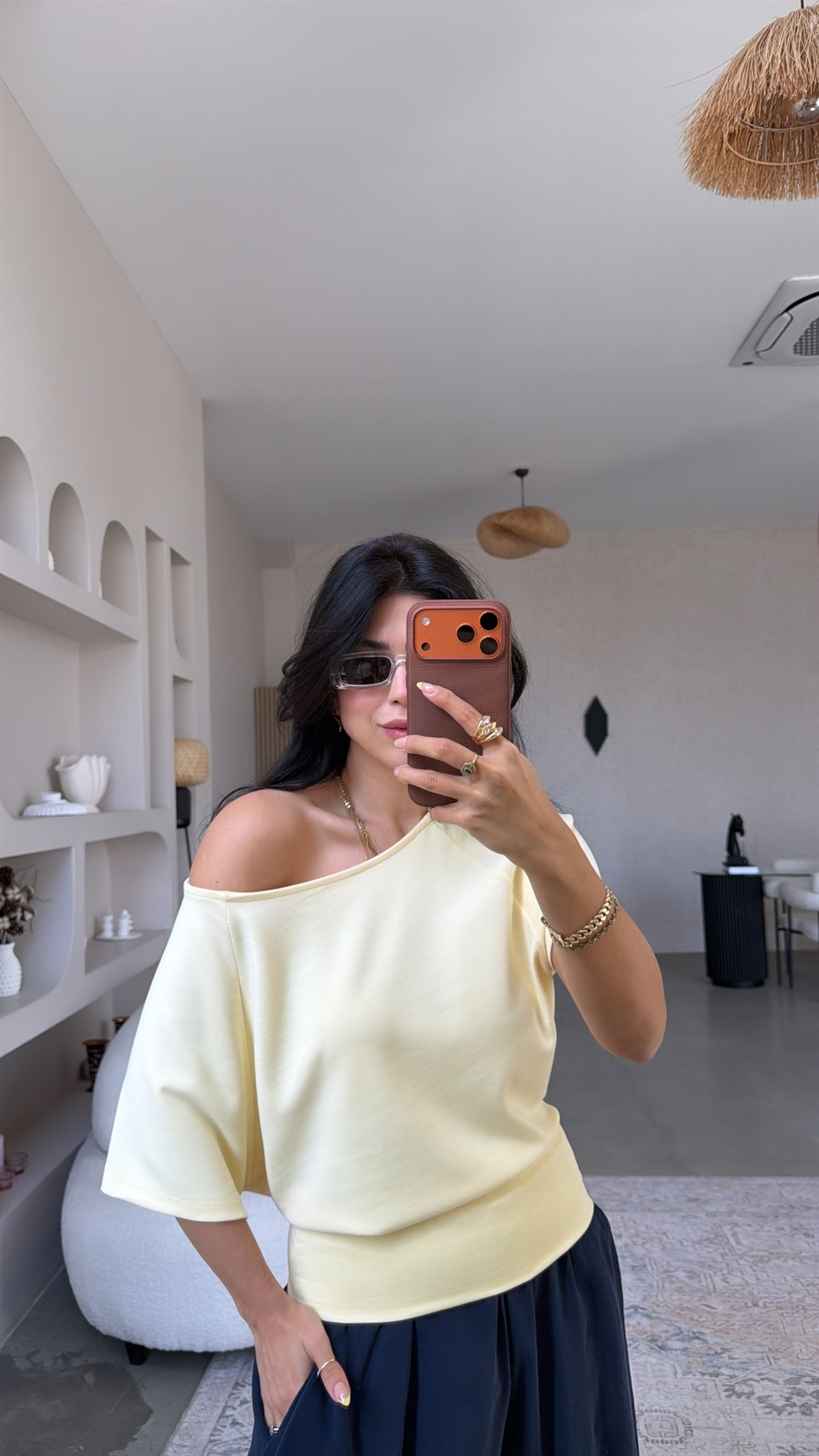 Limon Sarı Omzu Açık Kısa Kollu Modal Bluz