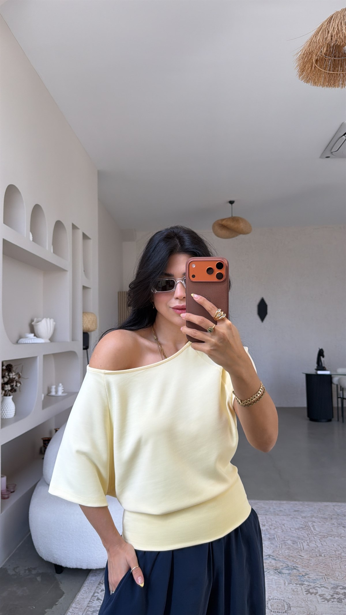 Limon Sarı Omzu Açık Kısa Kollu Modal Bluz