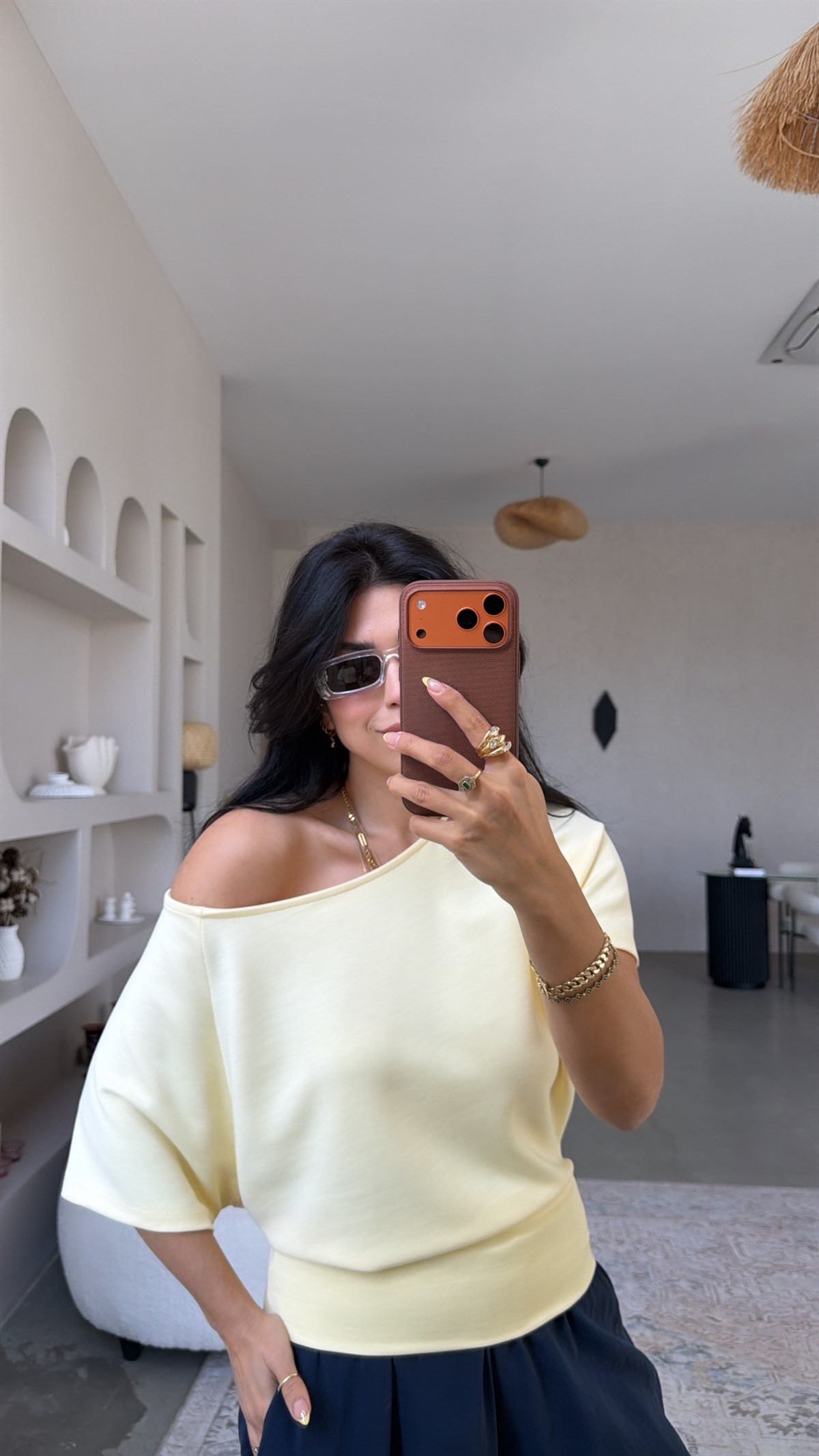 Limon Sarı Omzu Açık Kısa Kollu Modal Bluz