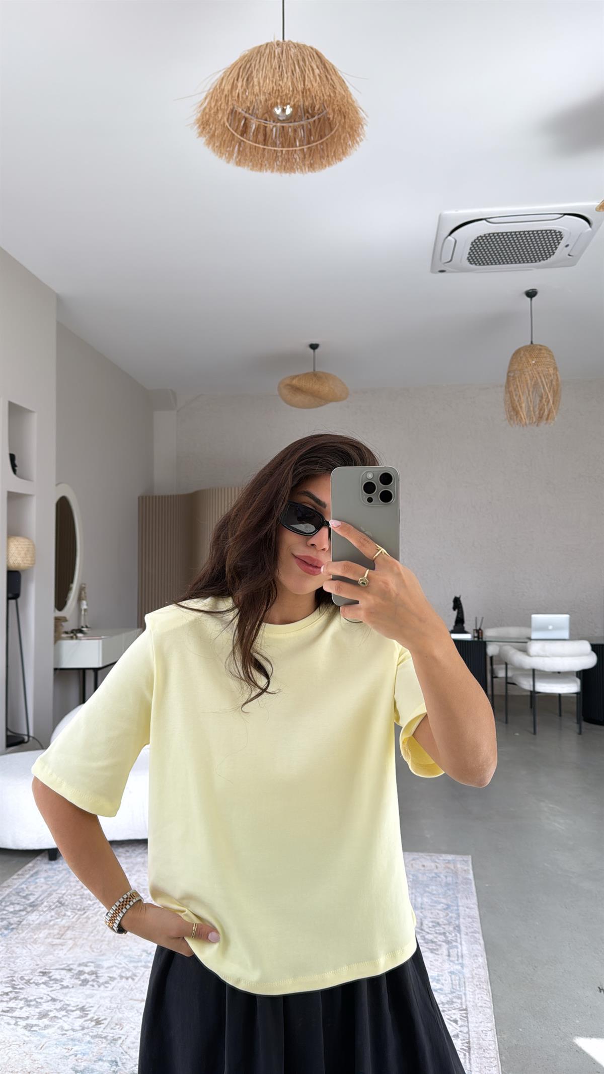 Limon Sarı Vatkalı Pamuk Basic Tshirt