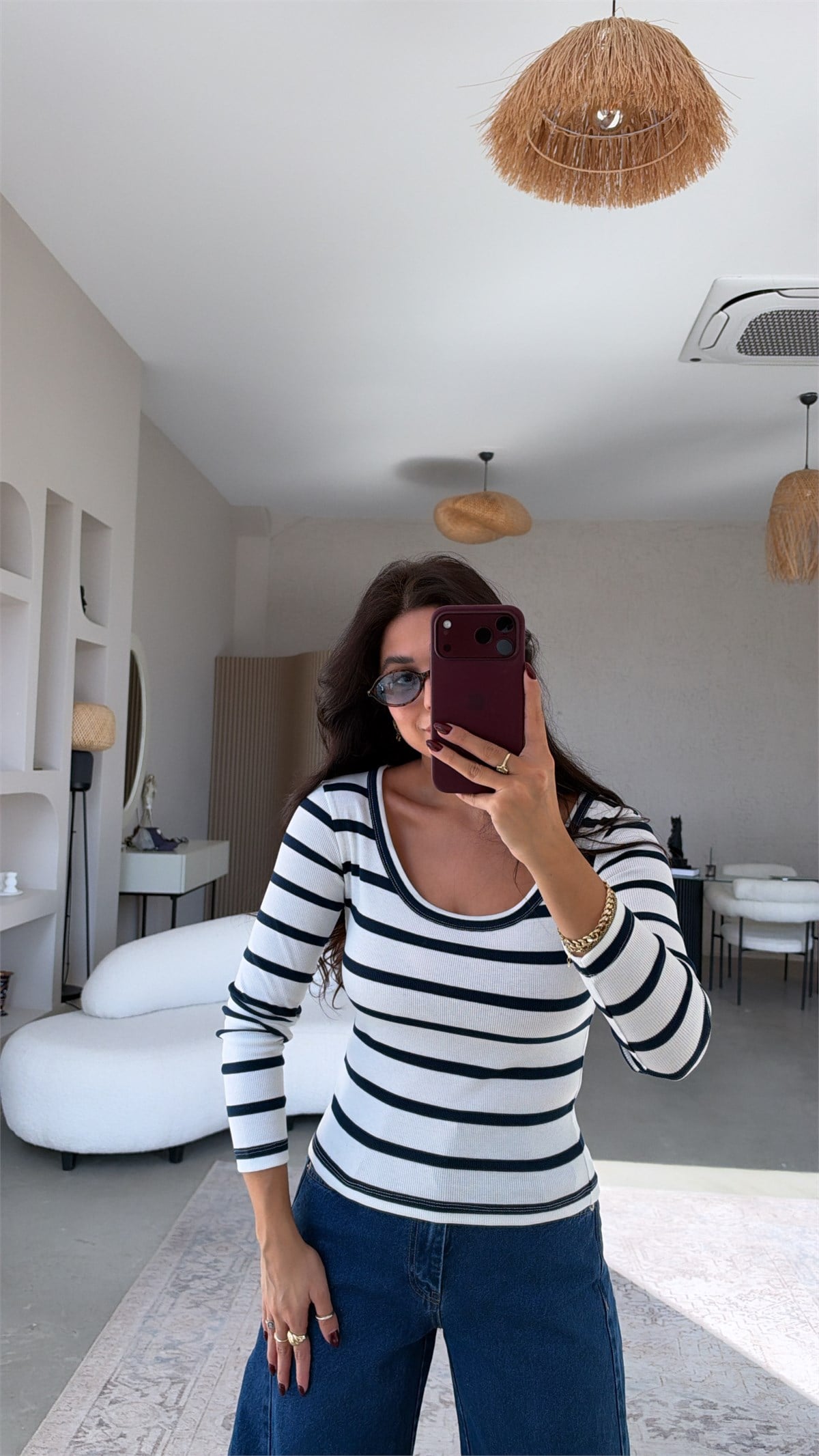 Marin Çizgili U Yaka Ribana Bluz
