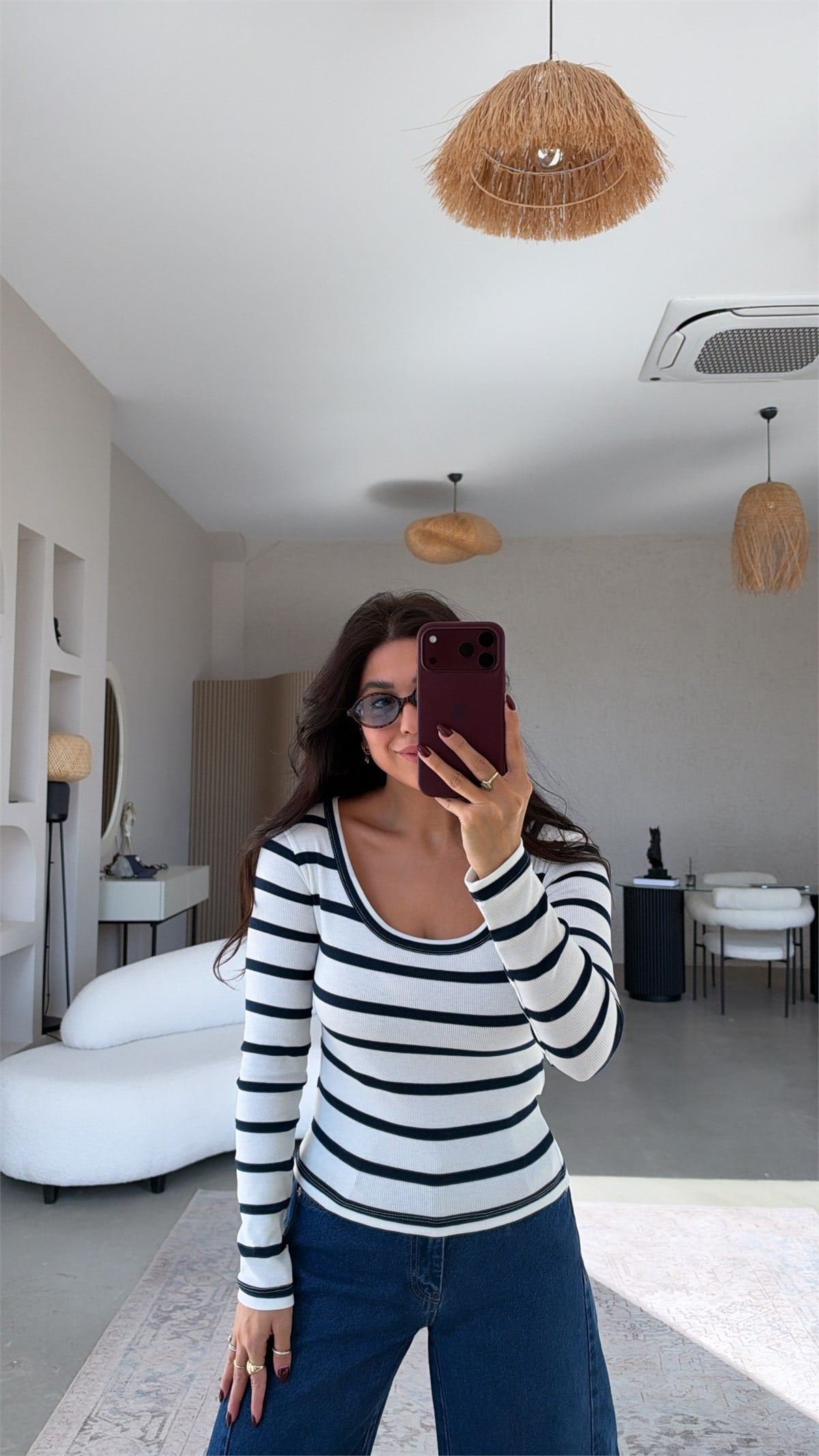 Marin Çizgili U Yaka Ribana Bluz