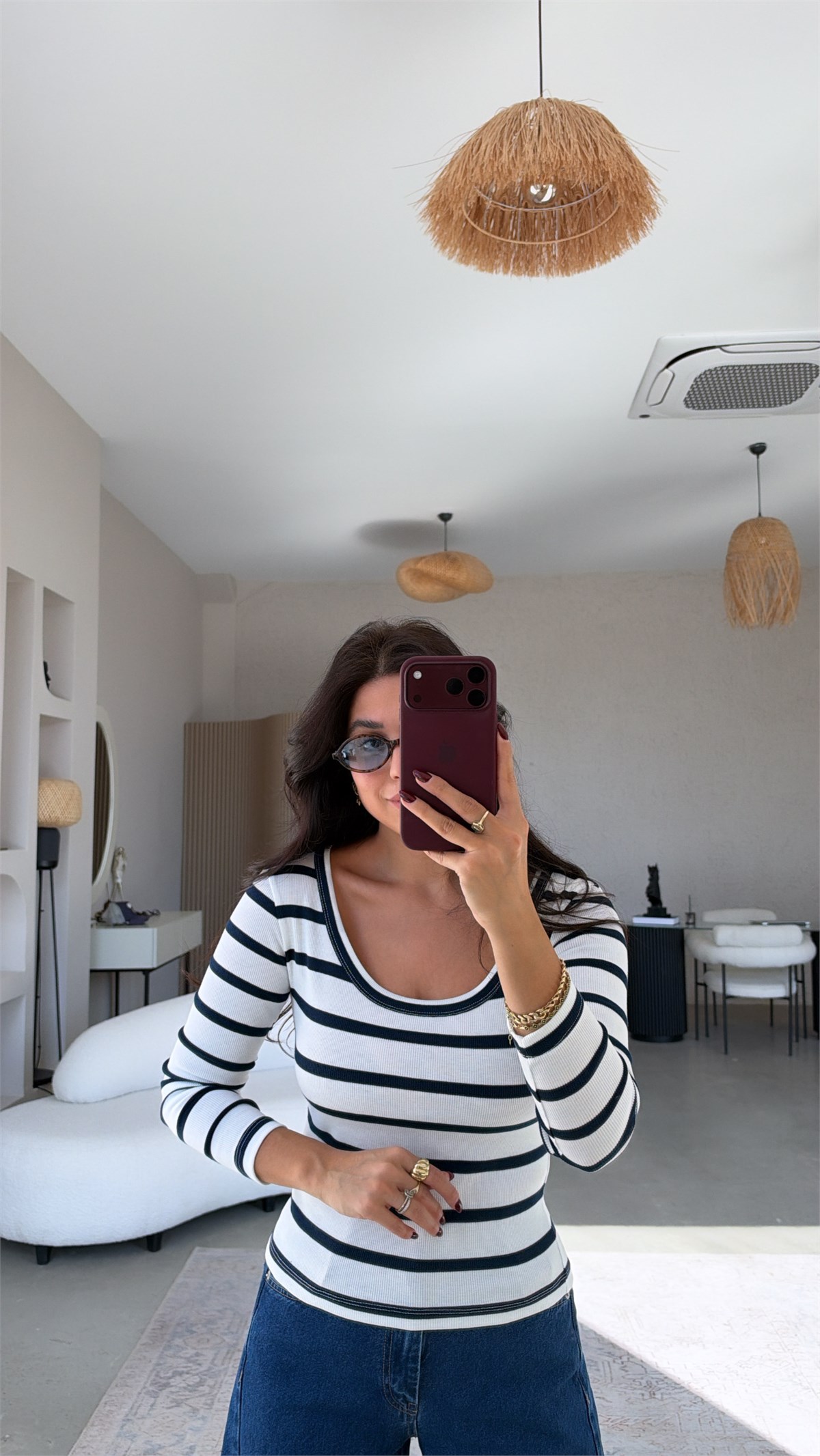 Marin Çizgili U Yaka Ribana Bluz
