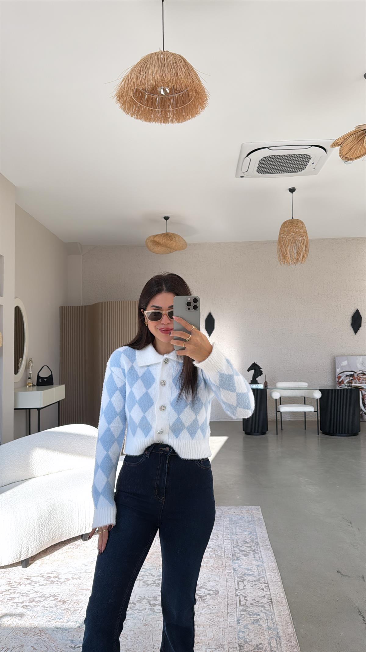 Mavi Baklava Desenli Hırka