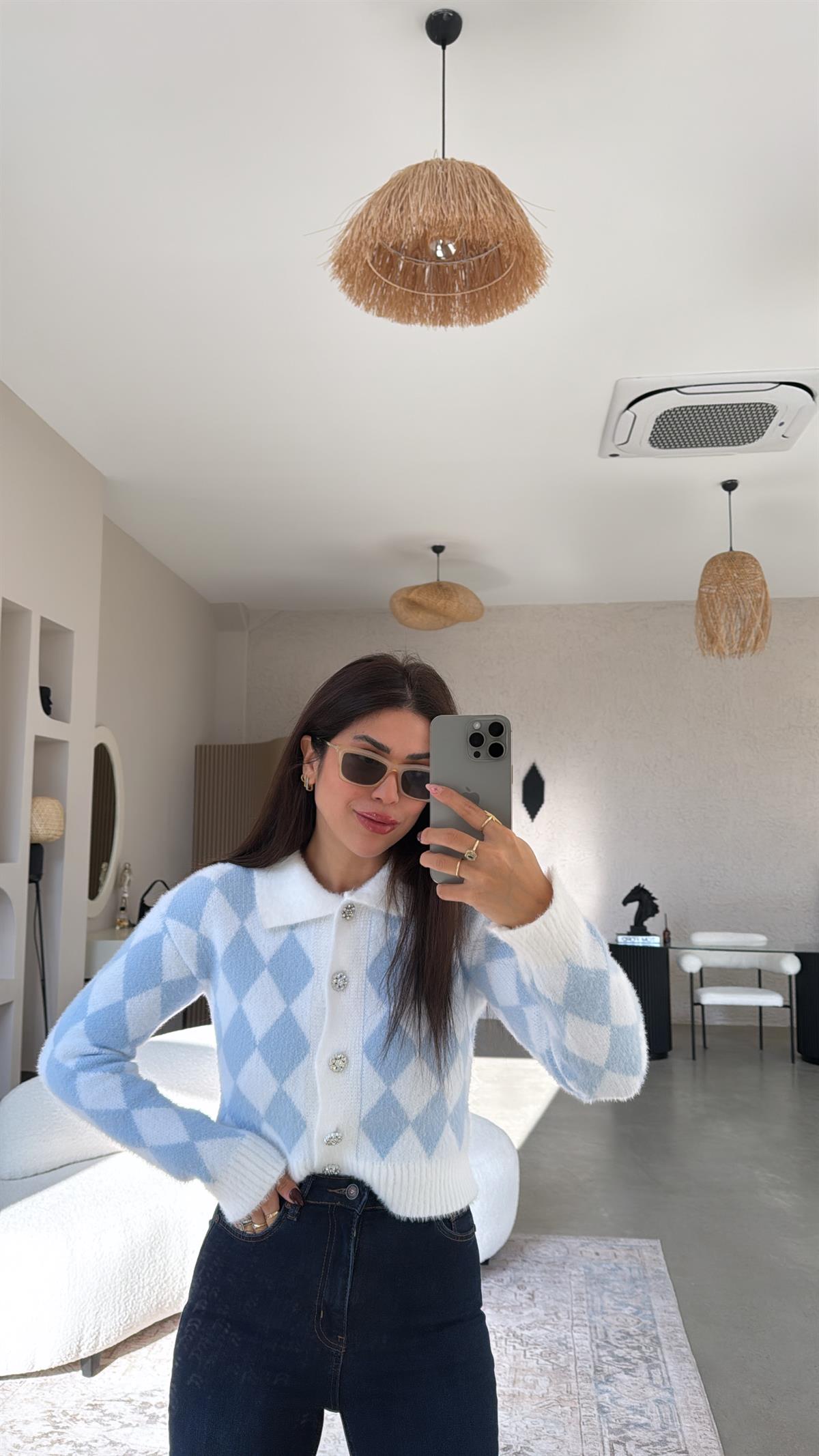 Mavi Baklava Desenli Hırka