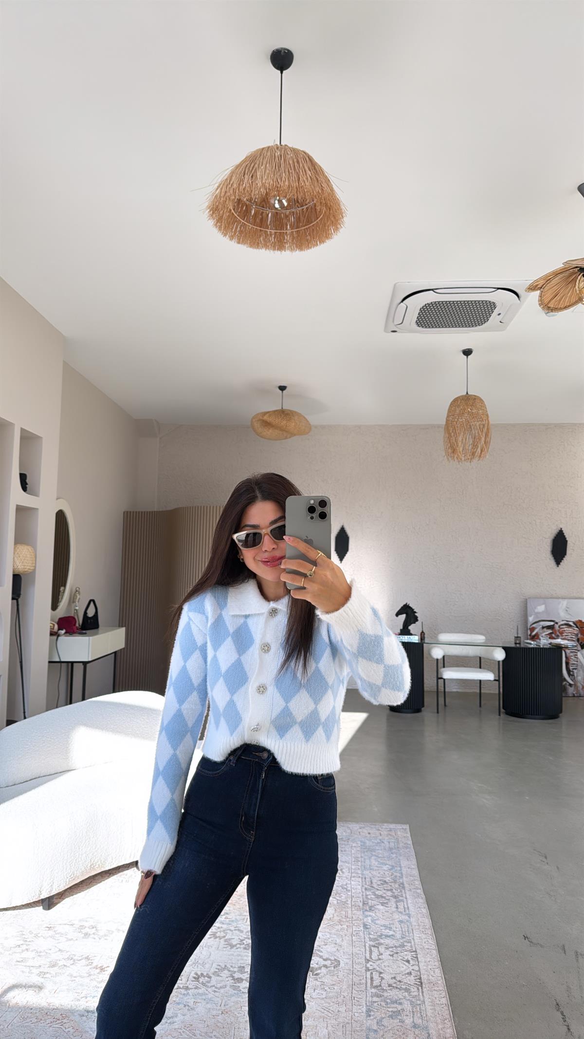 Mavi Baklava Desenli Hırka