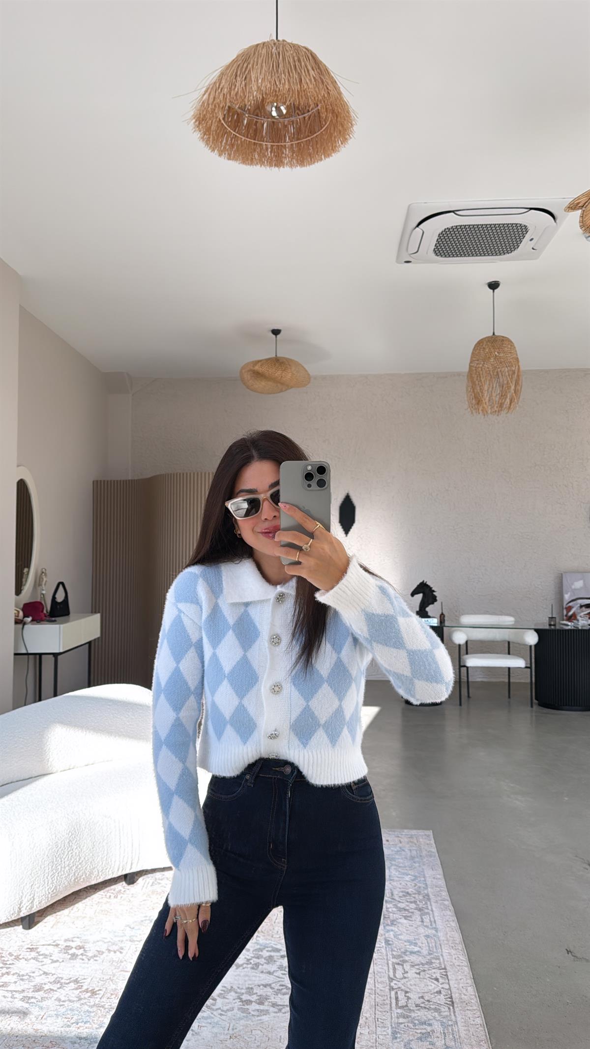 Mavi Baklava Desenli Hırka