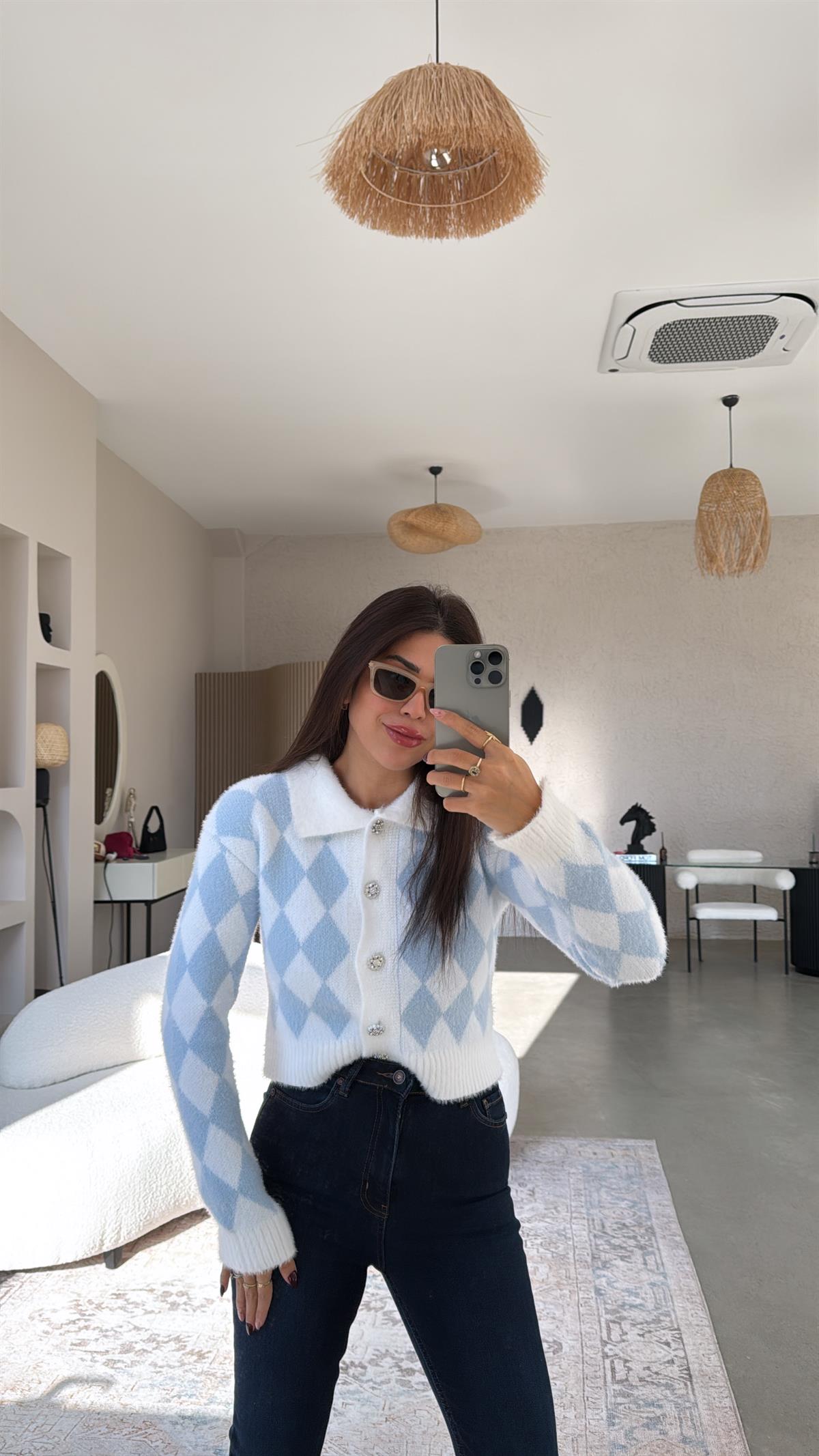 Mavi Baklava Desenli Hırka