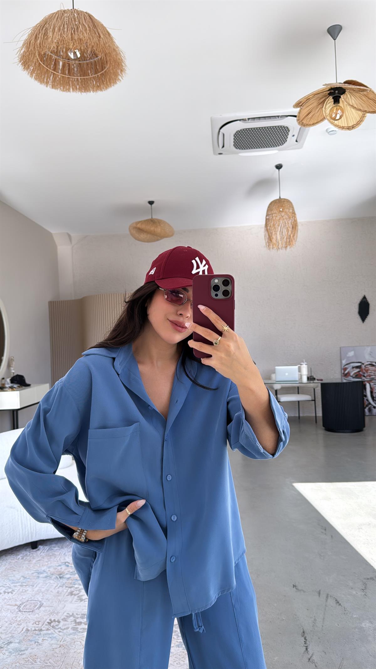 Mavi Cepli Tensel Gömlek