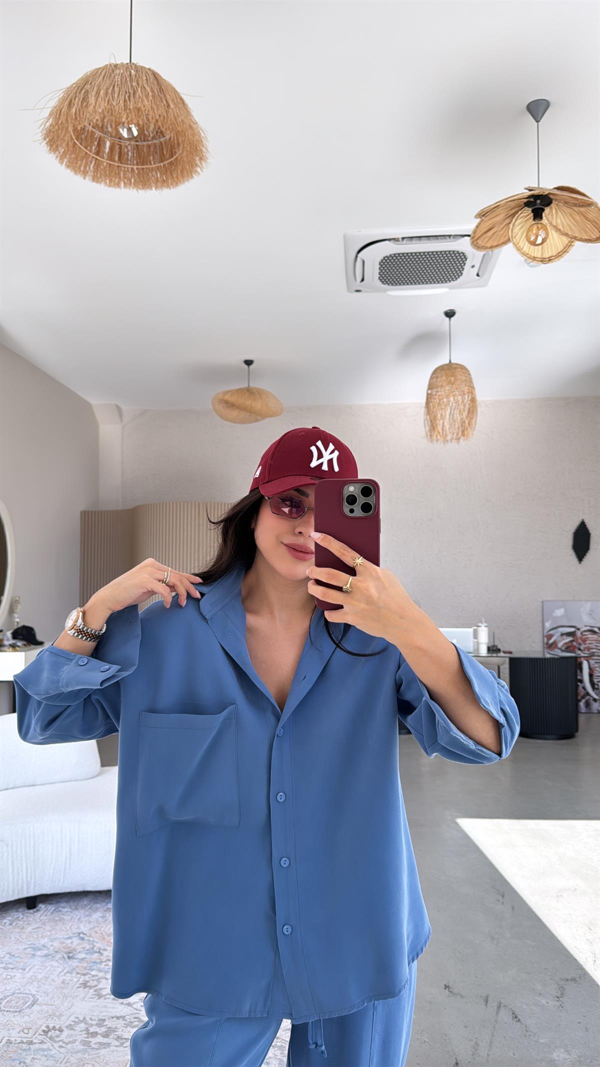 Mavi Cepli Tensel Gömlek