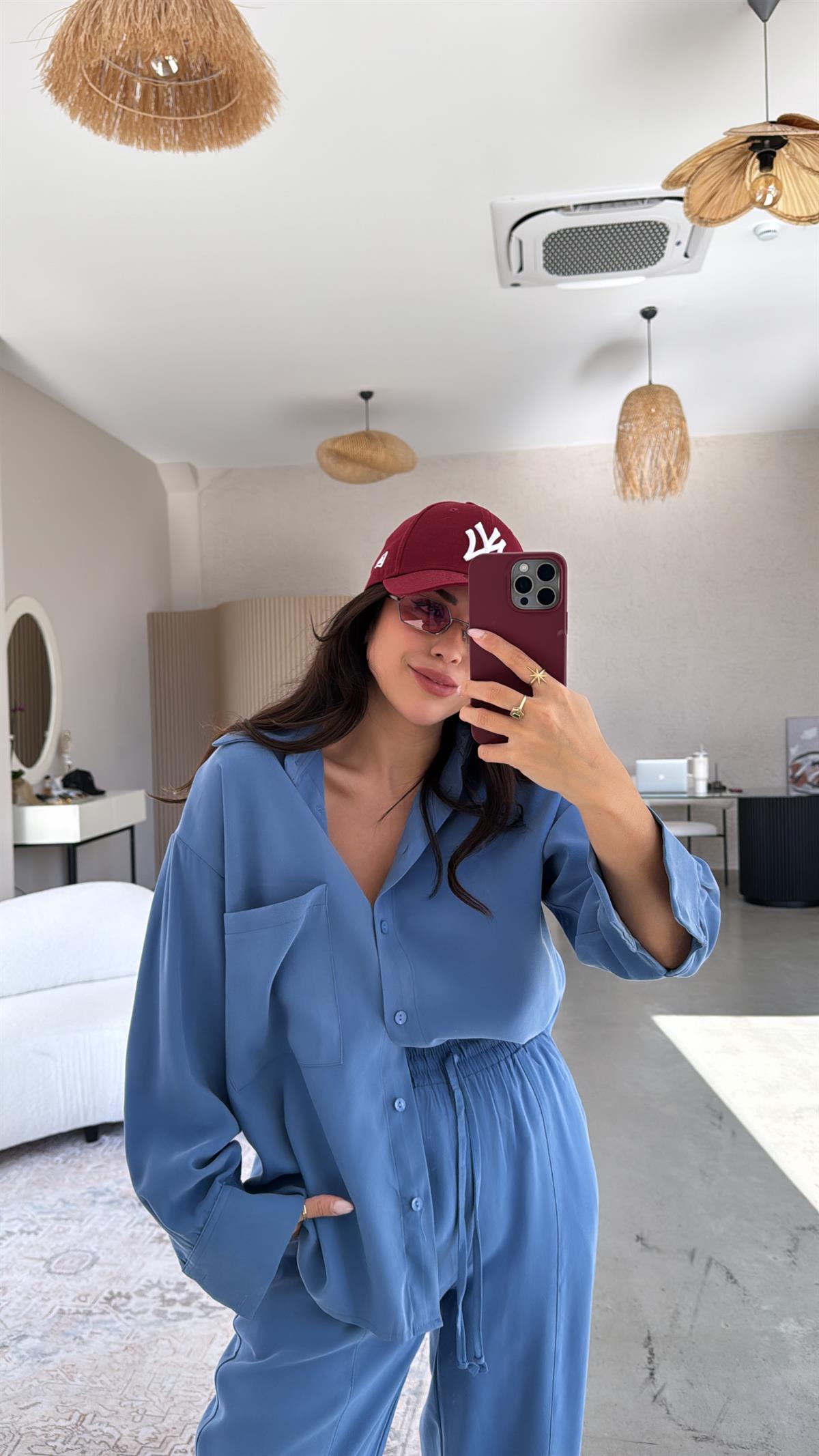 Mavi Cepli Tensel Gömlek