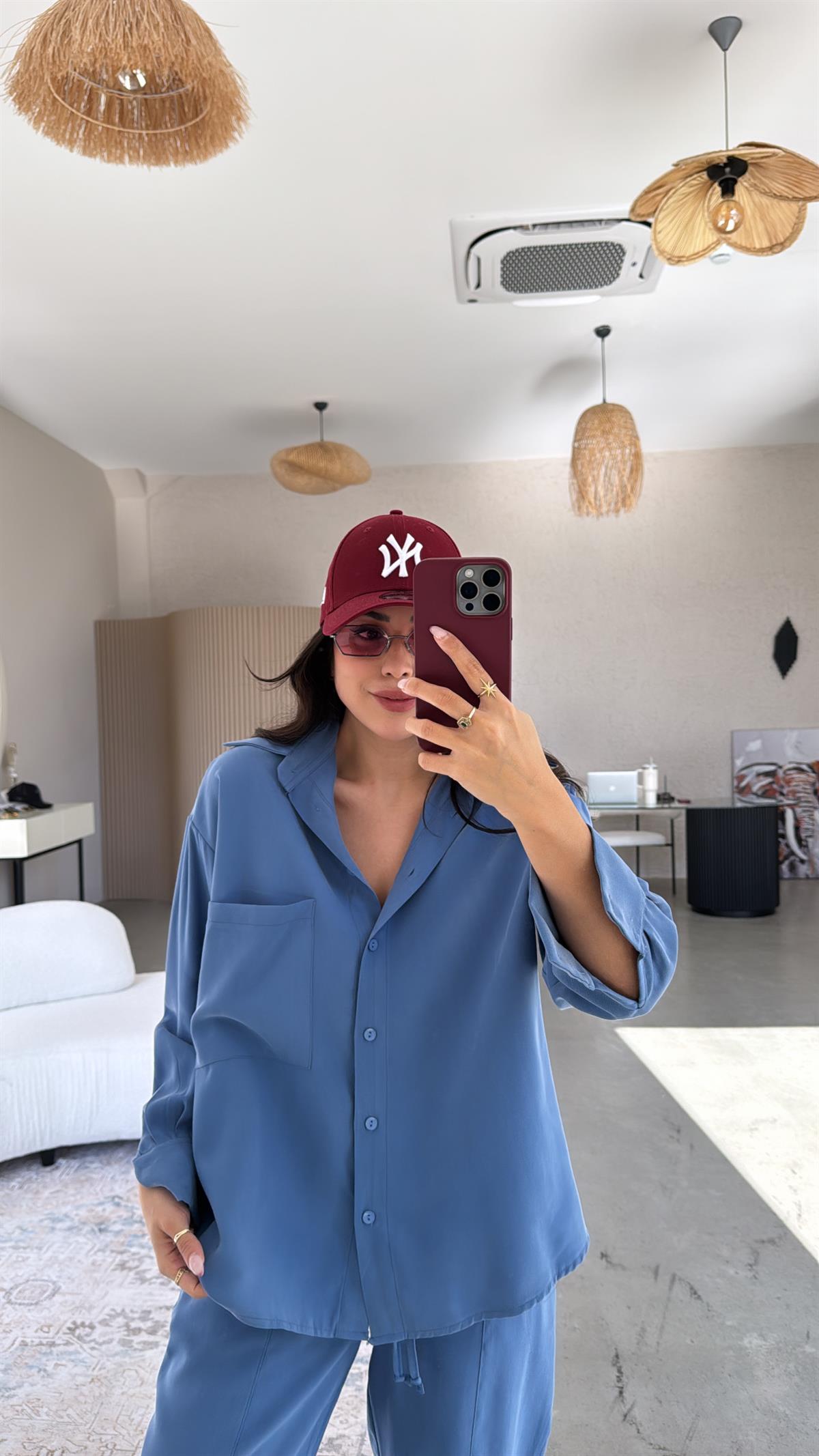 Mavi Cepli Tensel Gömlek