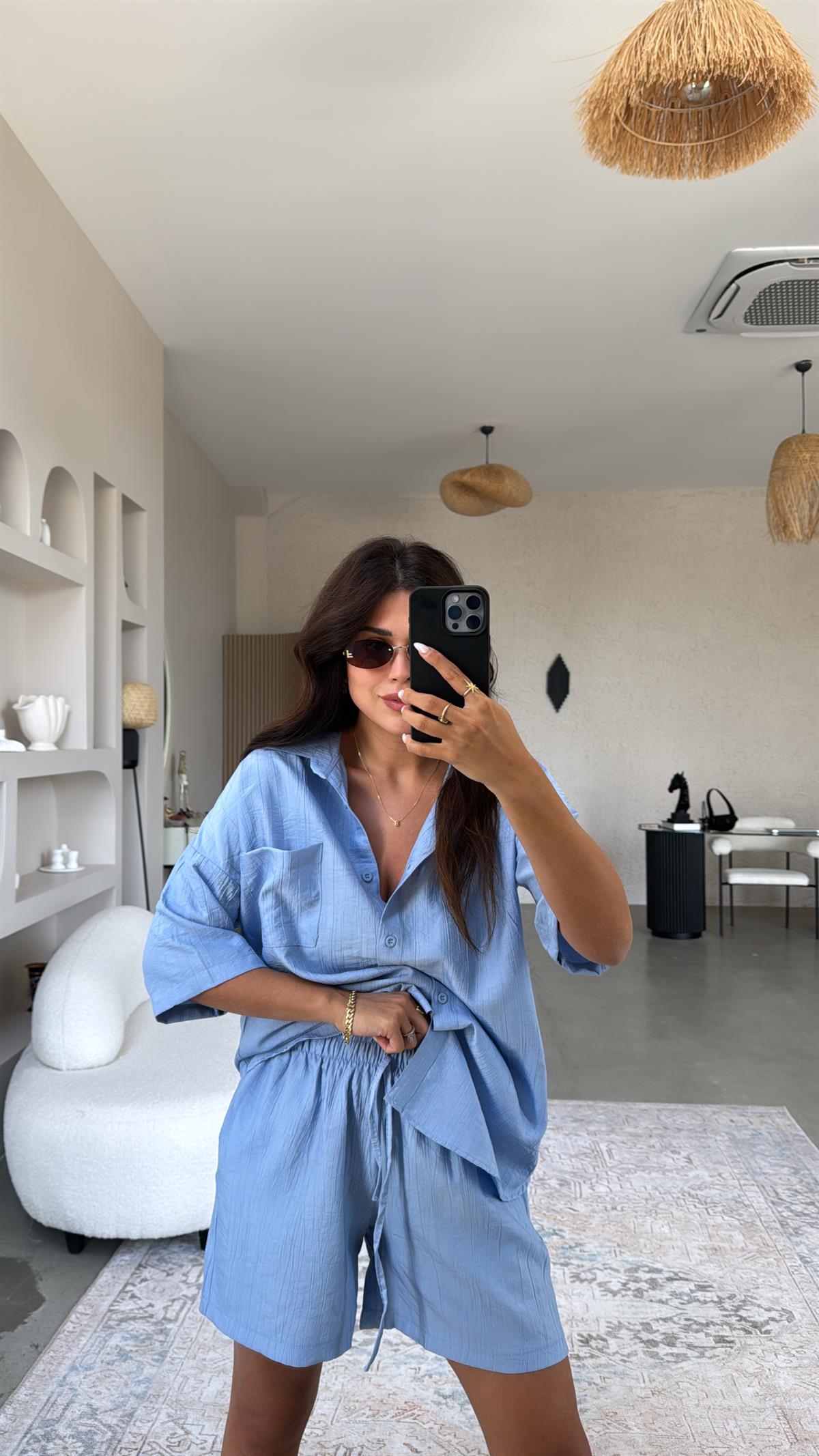 Mavi Çilek Kumaş Şort Gömlek Takım