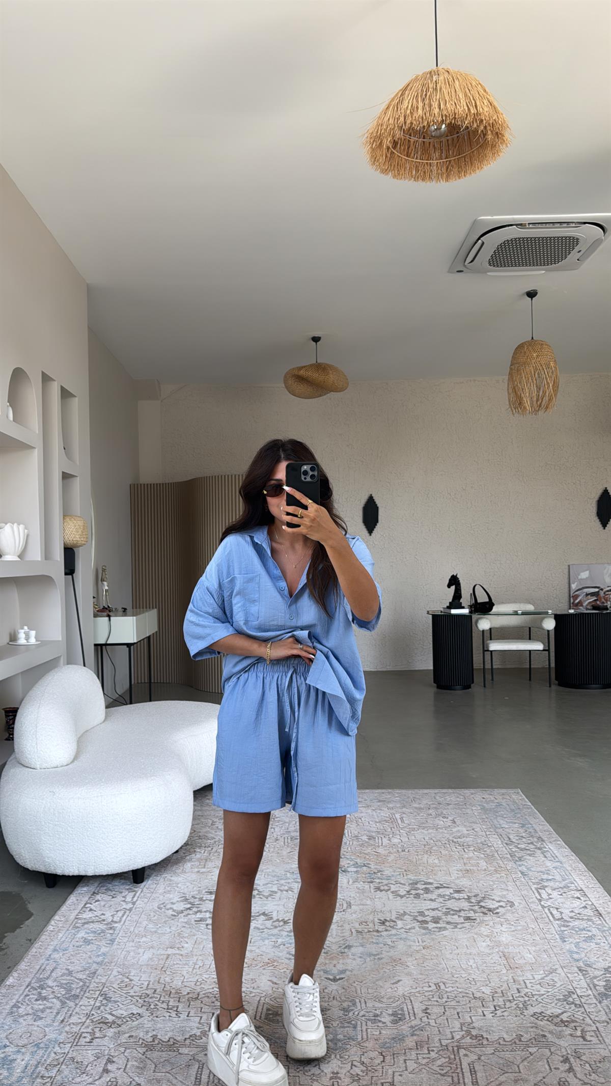 Mavi Çilek Kumaş Şort Gömlek Takım