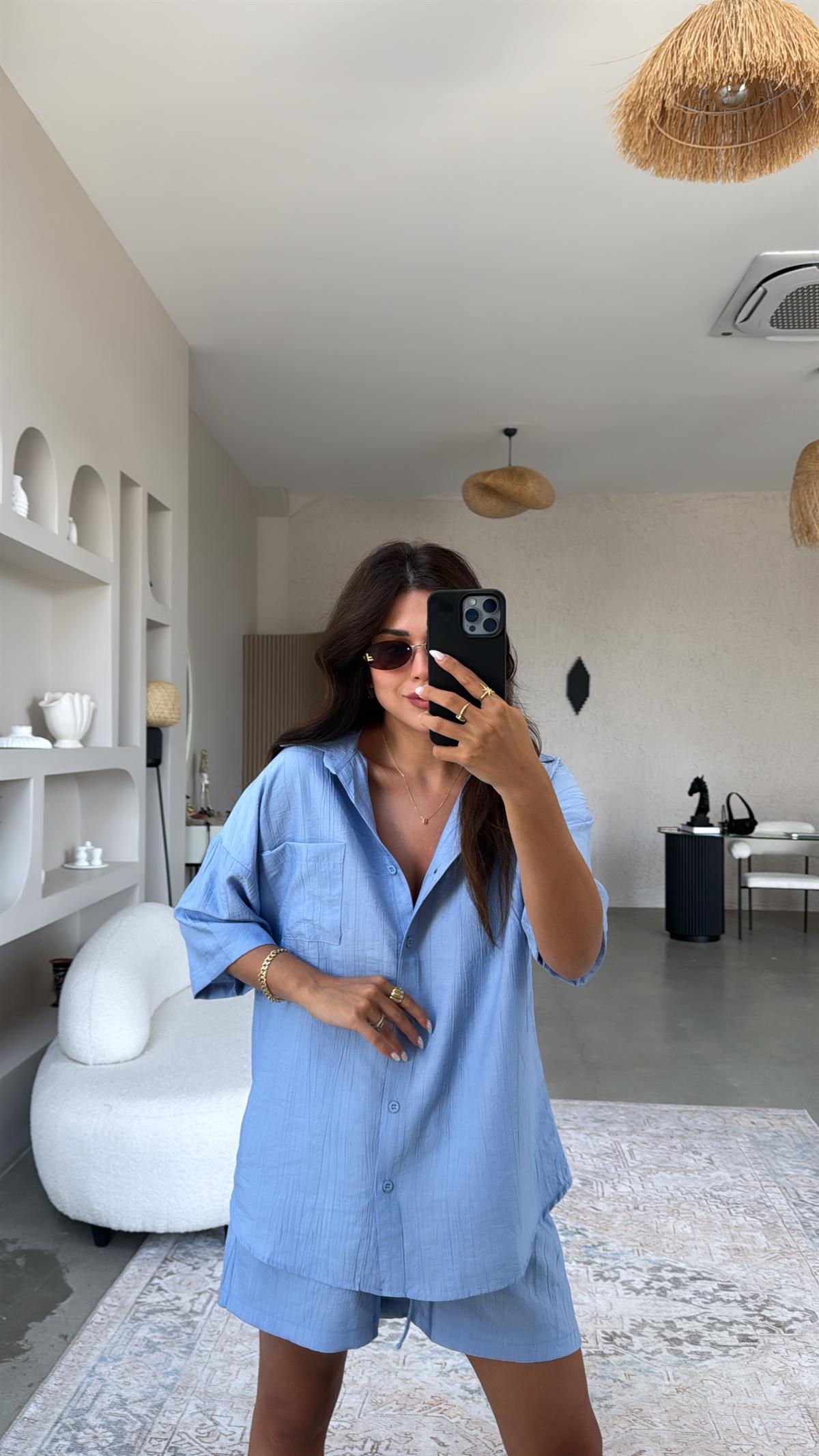 Mavi Çilek Kumaş Şort Gömlek Takım