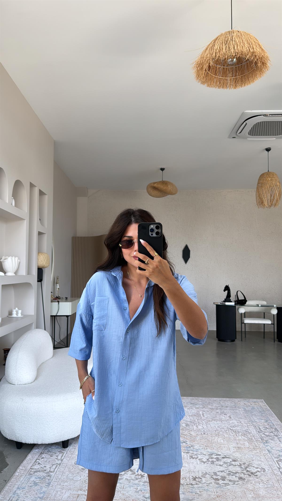 Mavi Çilek Kumaş Şort Gömlek Takım