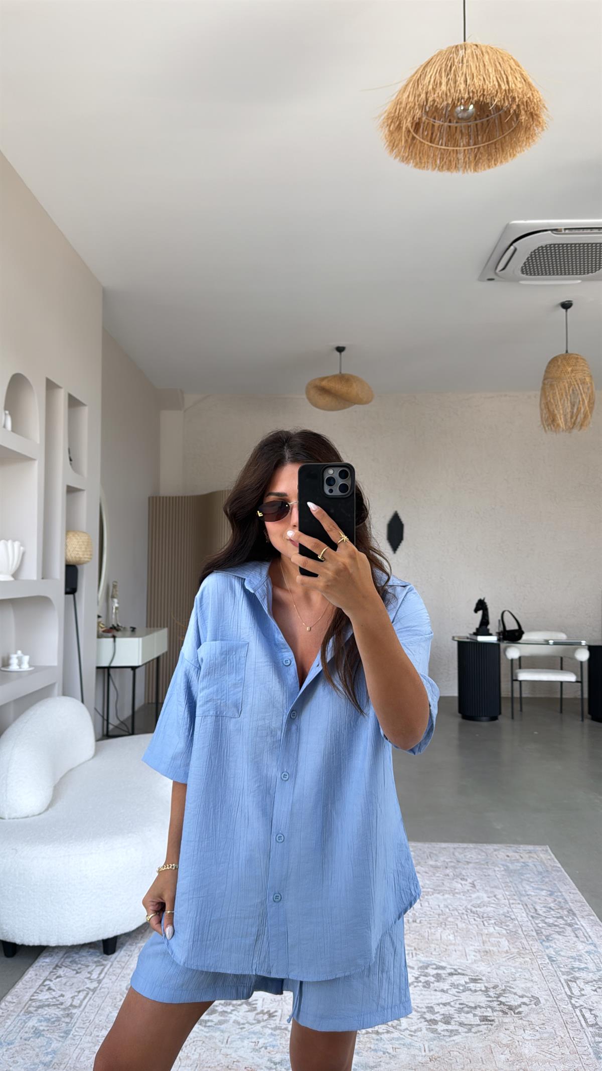 Mavi Çilek Kumaş Şort Gömlek Takım