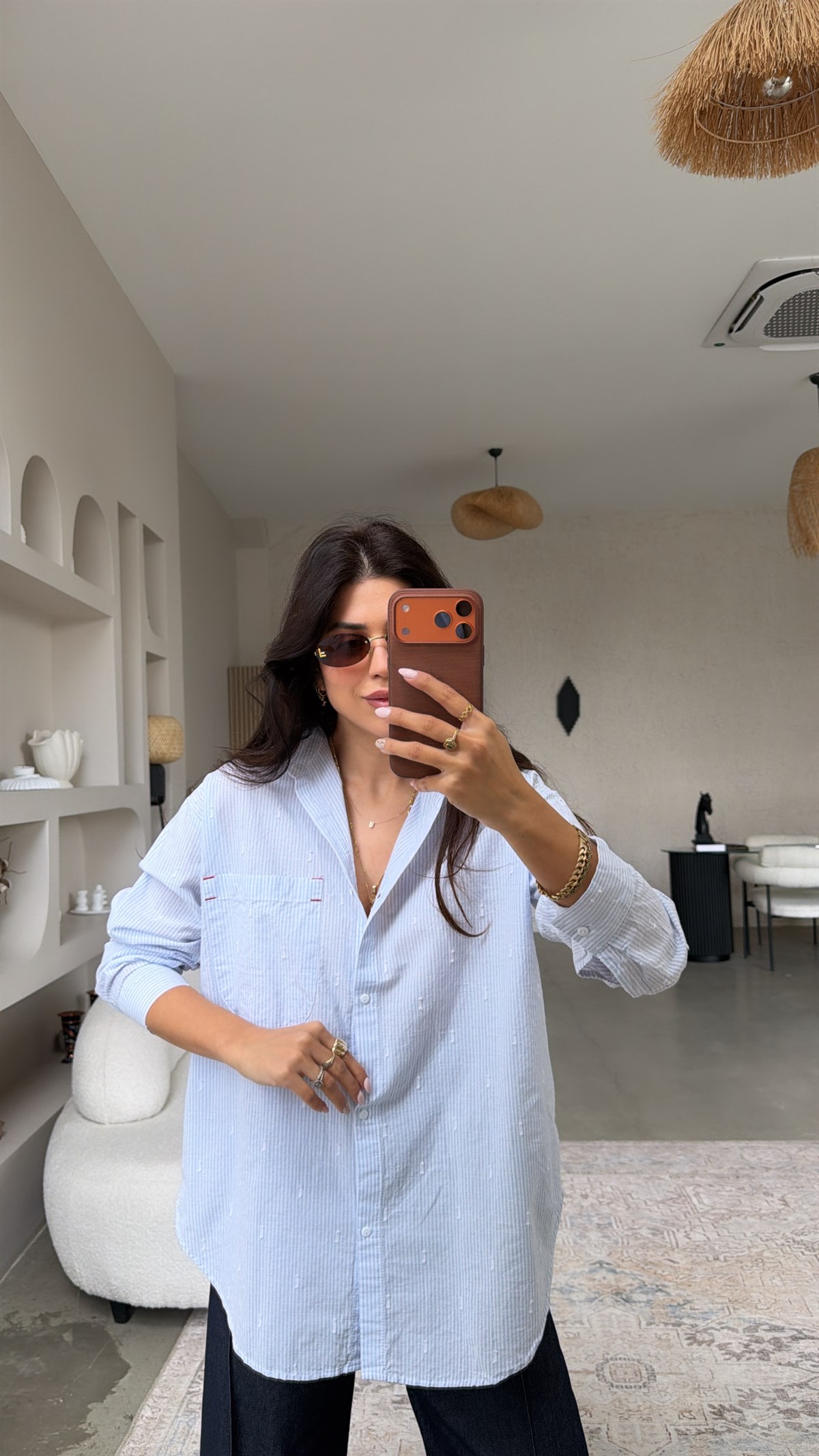 Mavi Çizgili Pamuk Keten Premium Gömlek