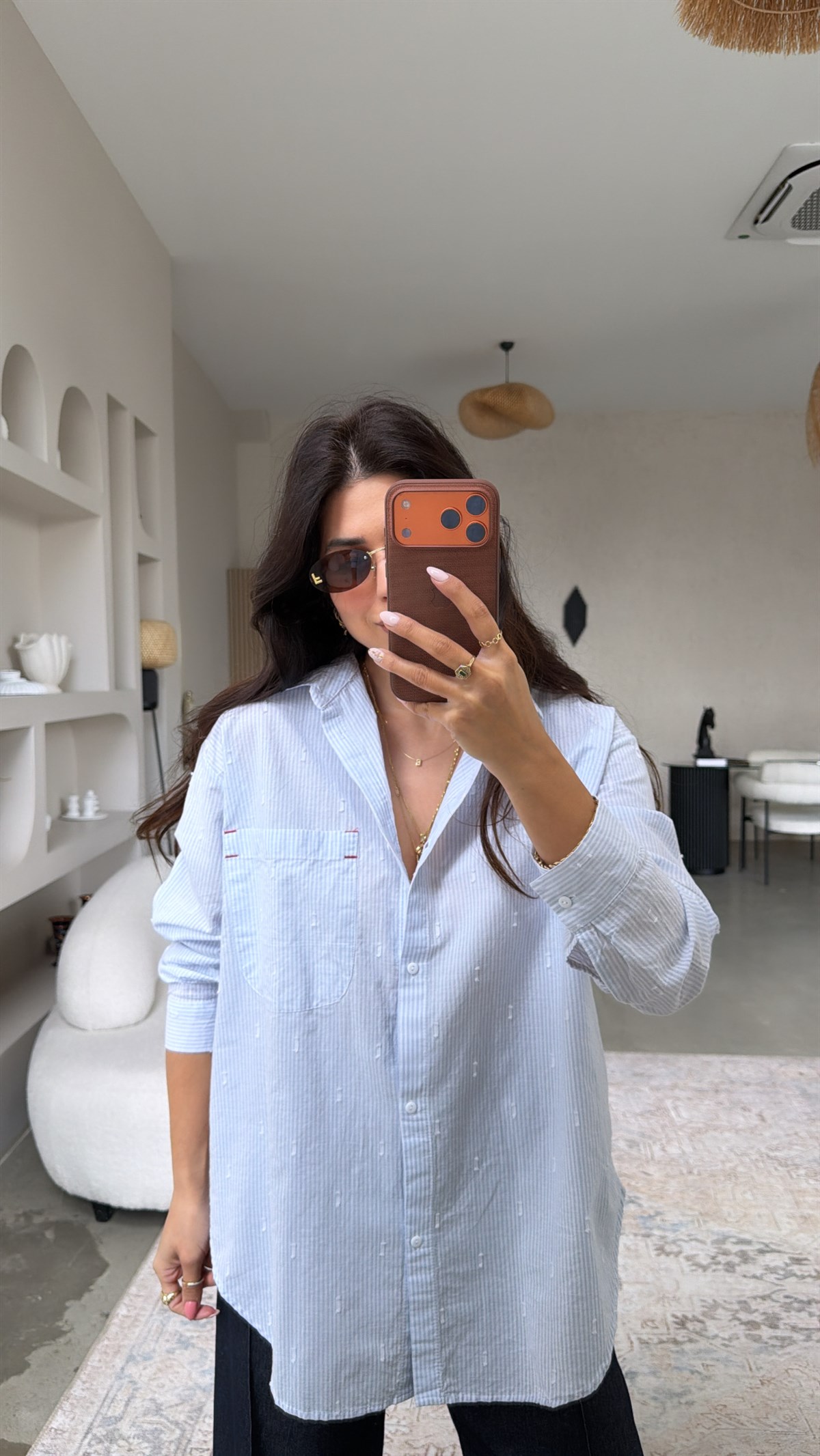 Mavi Çizgili Pamuk Keten Premium Gömlek