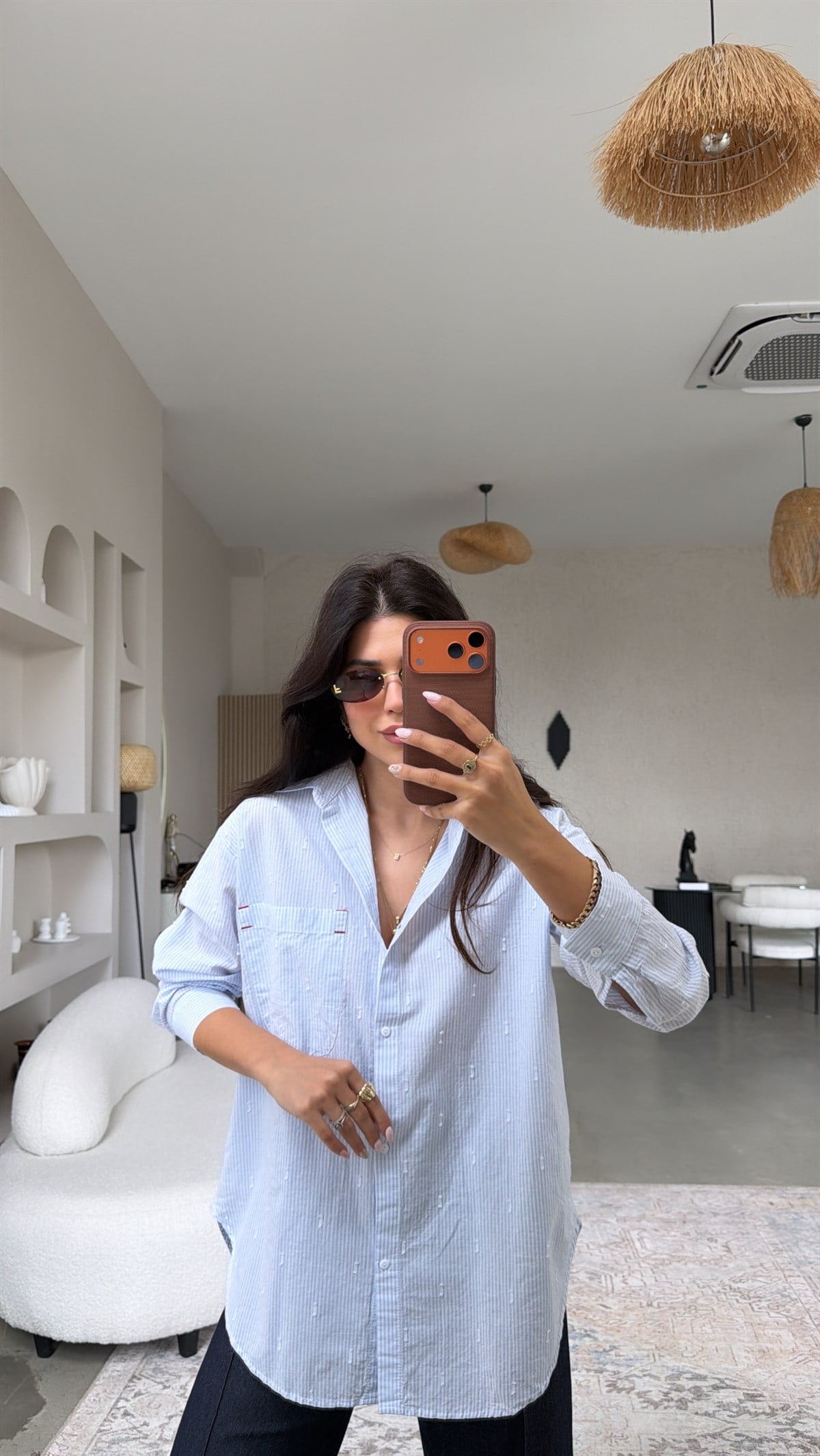 Mavi Çizgili Pamuk Keten Premium Gömlek