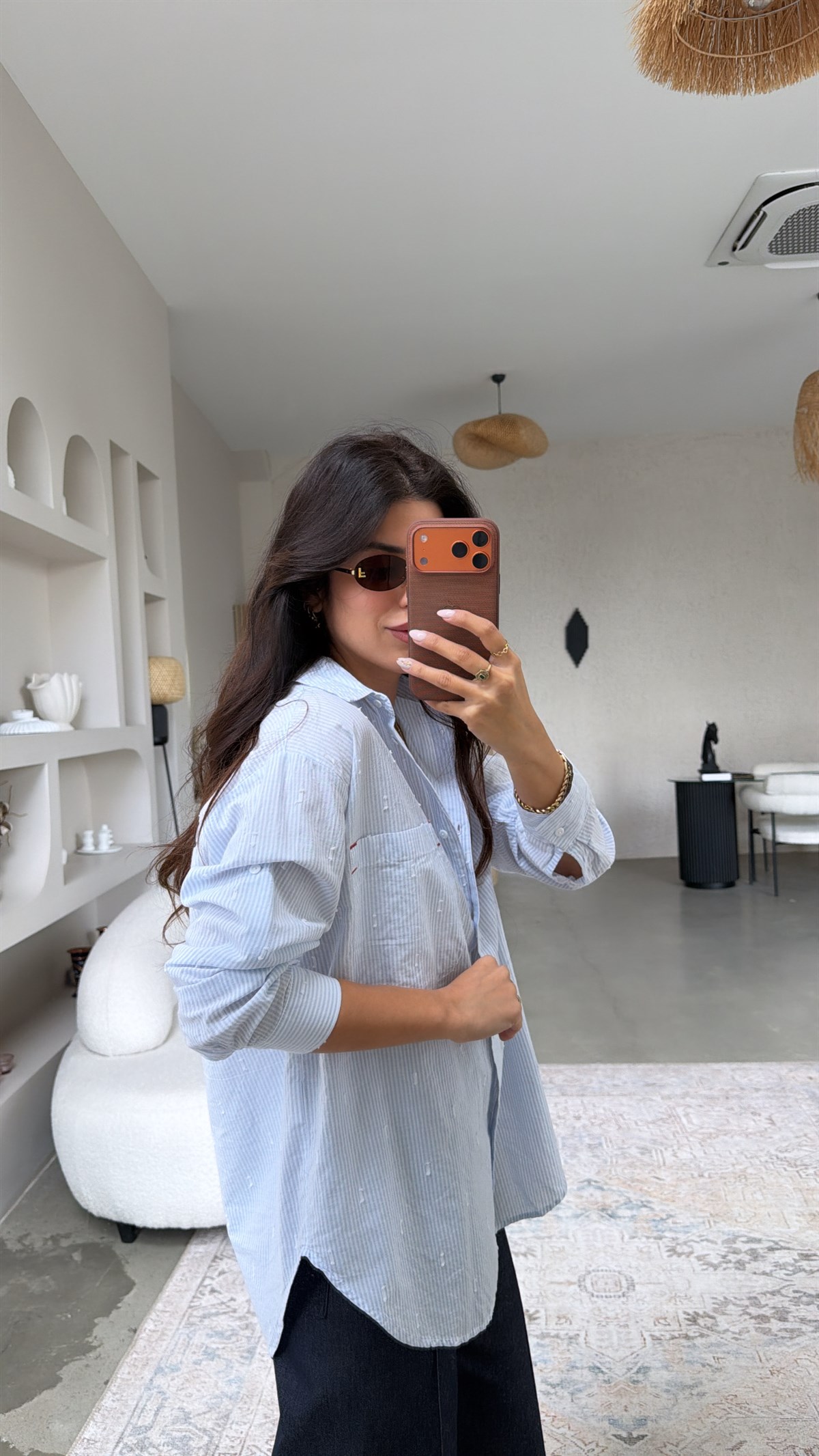 Mavi Çizgili Pamuk Keten Premium Gömlek