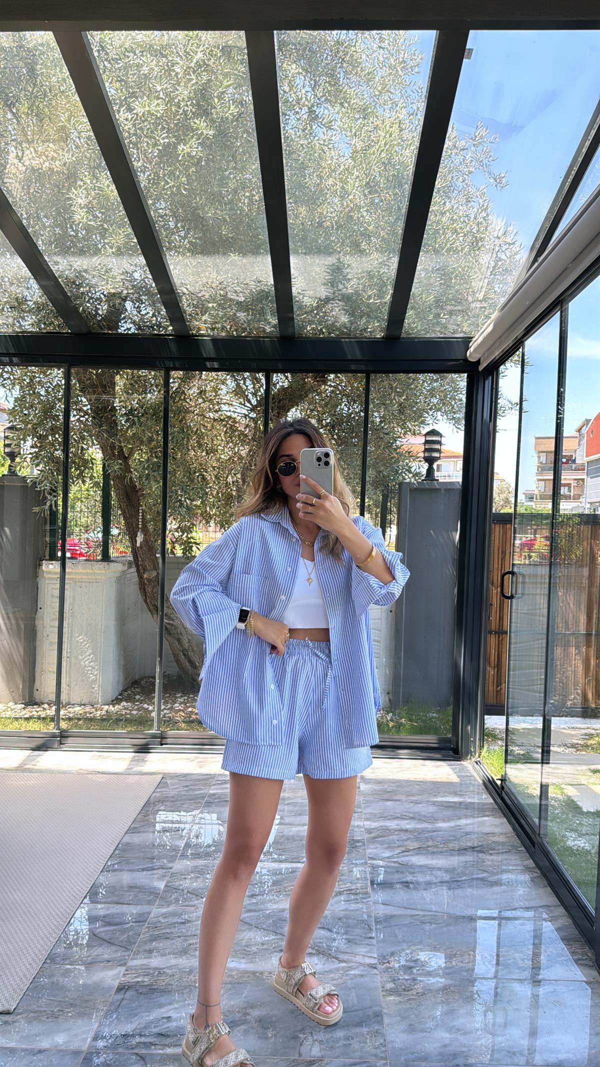 Mavi Çizgili Poplin Şortlu Takım