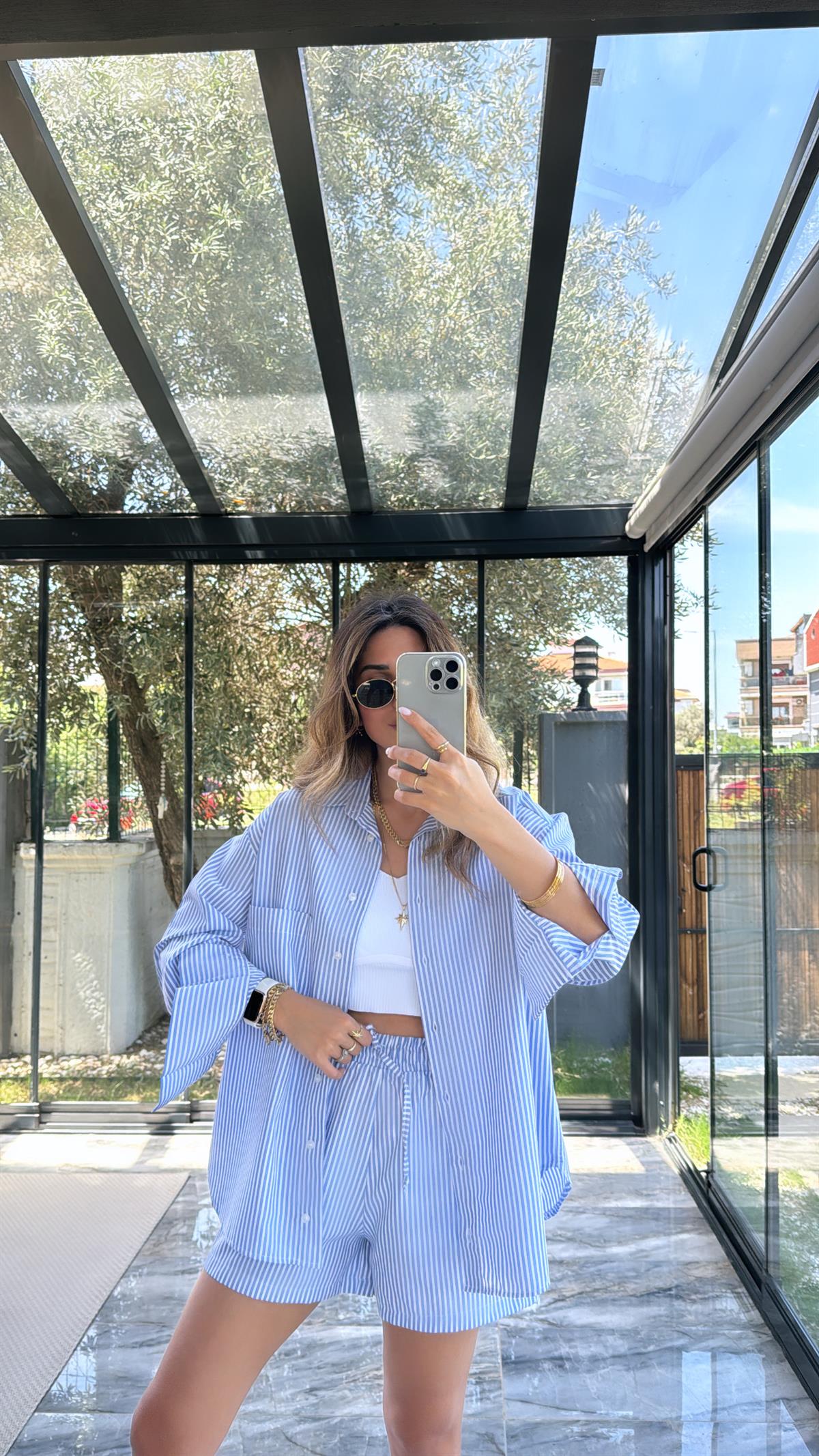 Mavi Çizgili Poplin Şortlu Takım