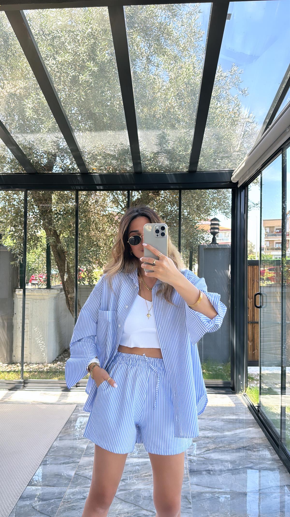 Mavi Çizgili Poplin Şortlu Takım