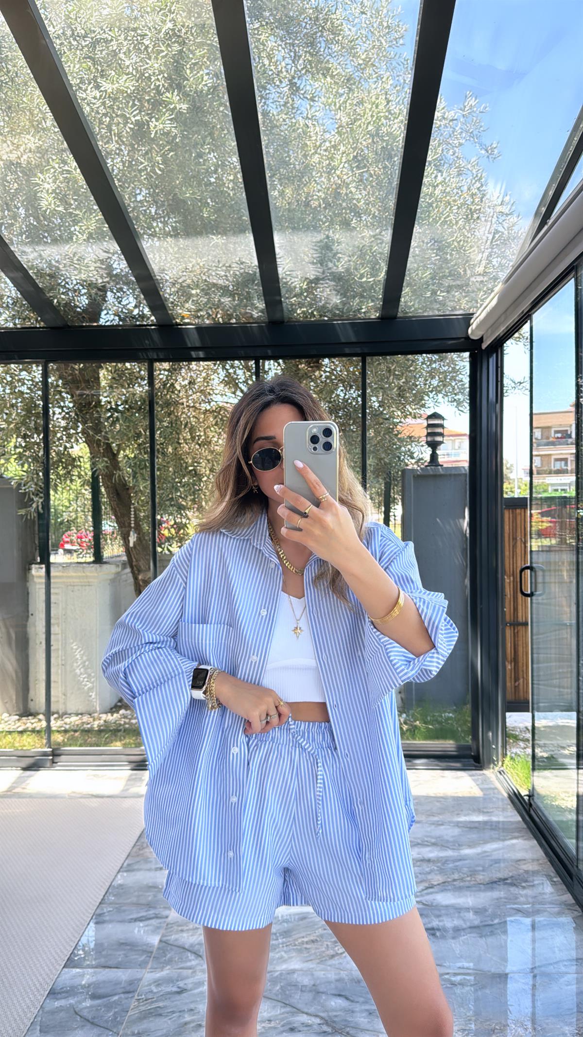 Mavi Çizgili Poplin Şortlu Takım